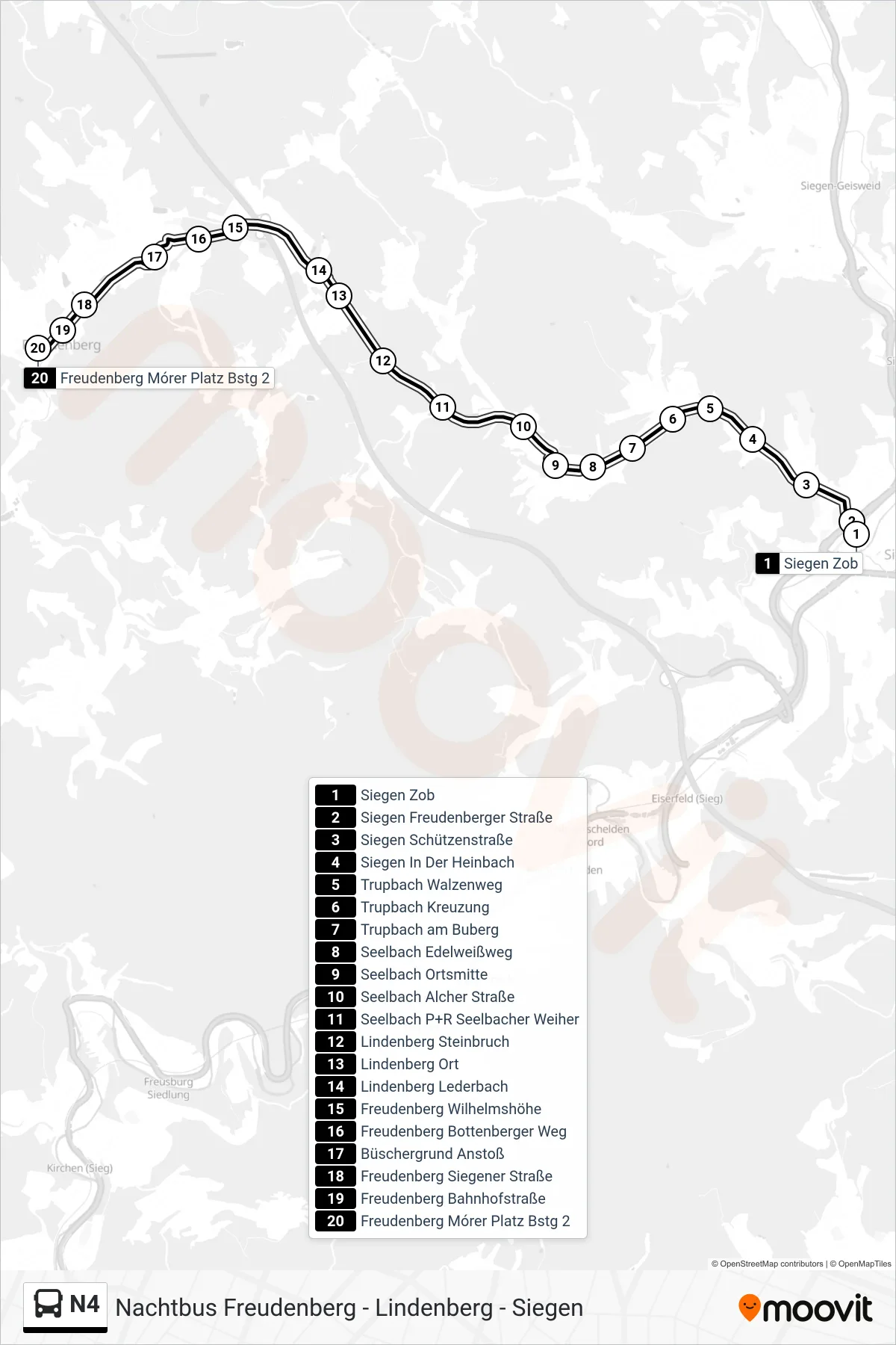Linie N4 (Bus) Richtung Freudenberg Mórer Platz Bstg 2: Route und Haltestellen auf der Karte