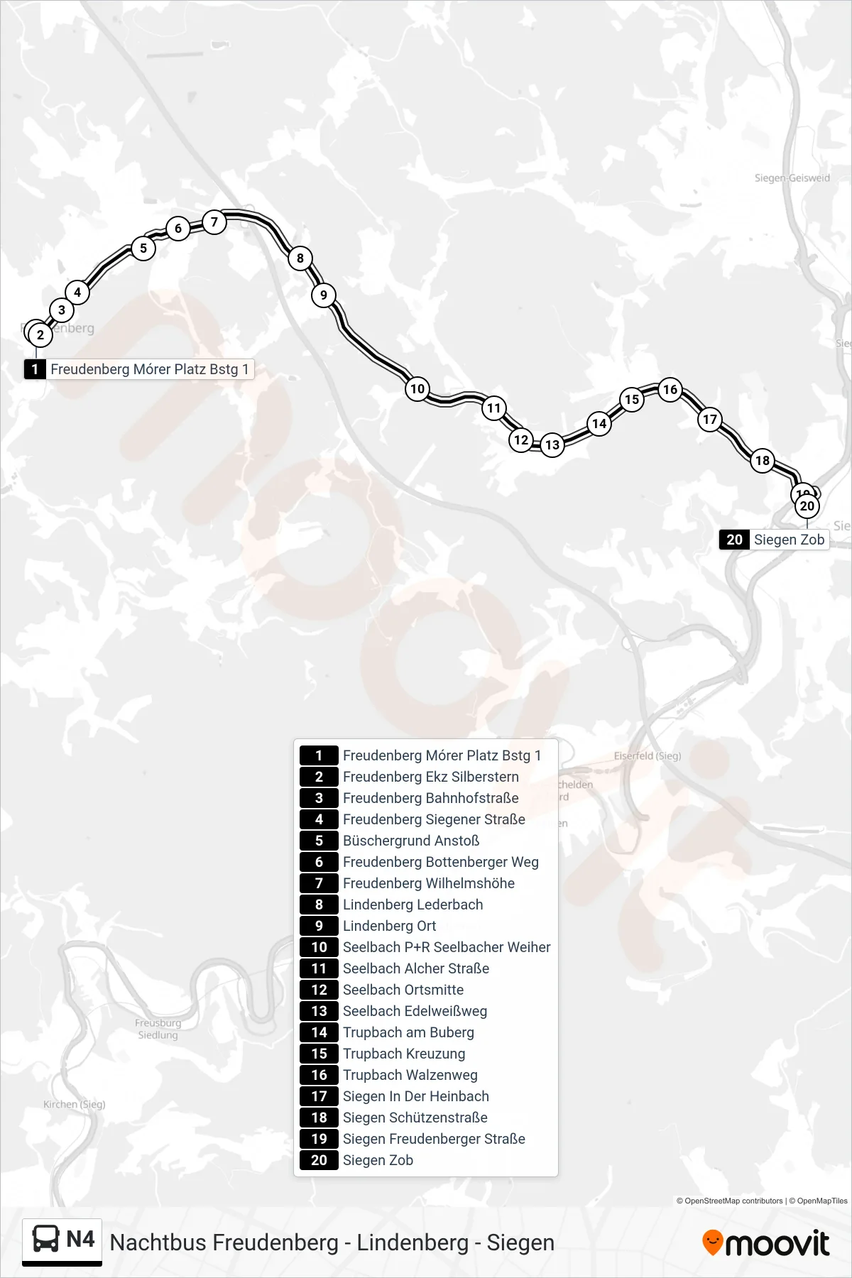 N4 bus Line (Siegen Zob Bstg B) route and stops on a map