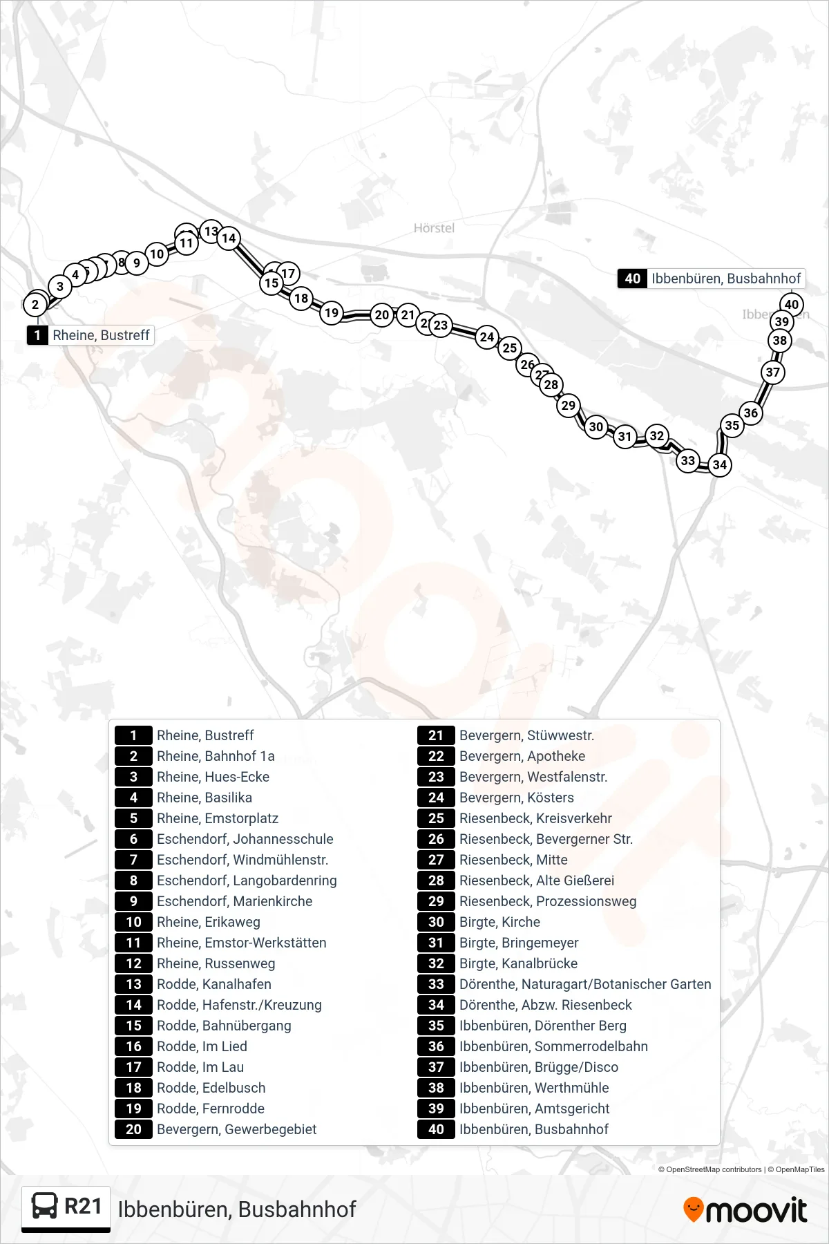 Linie R21 (Bus) Richtung Ibbenbüren, Busbahnhof: Route und Haltestellen auf der Karte