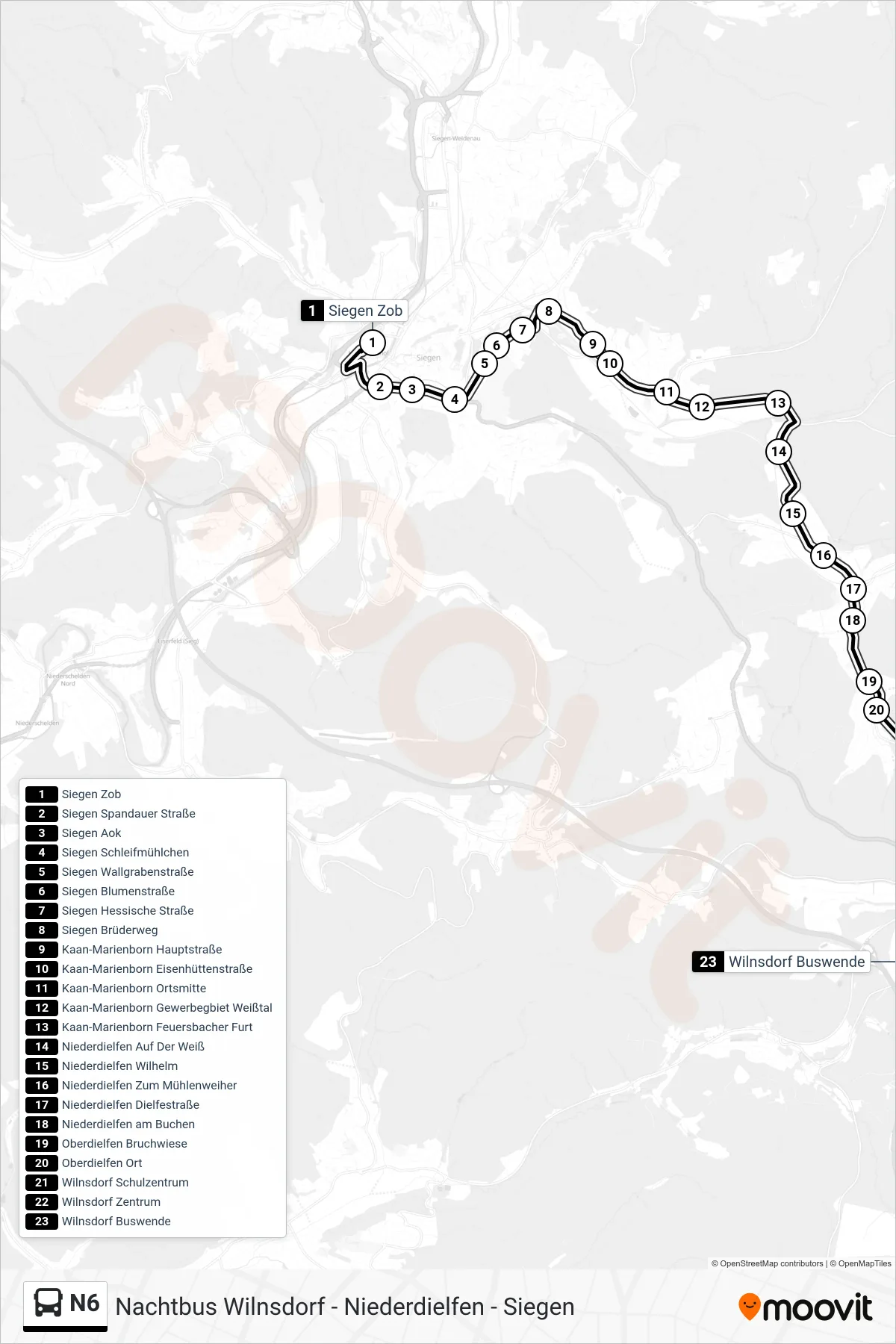 N6 bus Line (Wilnsdorf Buswende) route and stops on a map