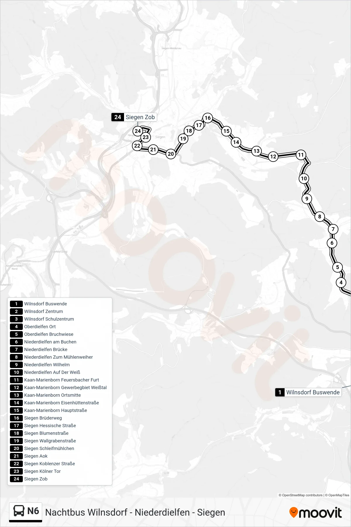 Linie N6 (Bus) Richtung Siegen Zob Bstg A: Route und Haltestellen auf der Karte