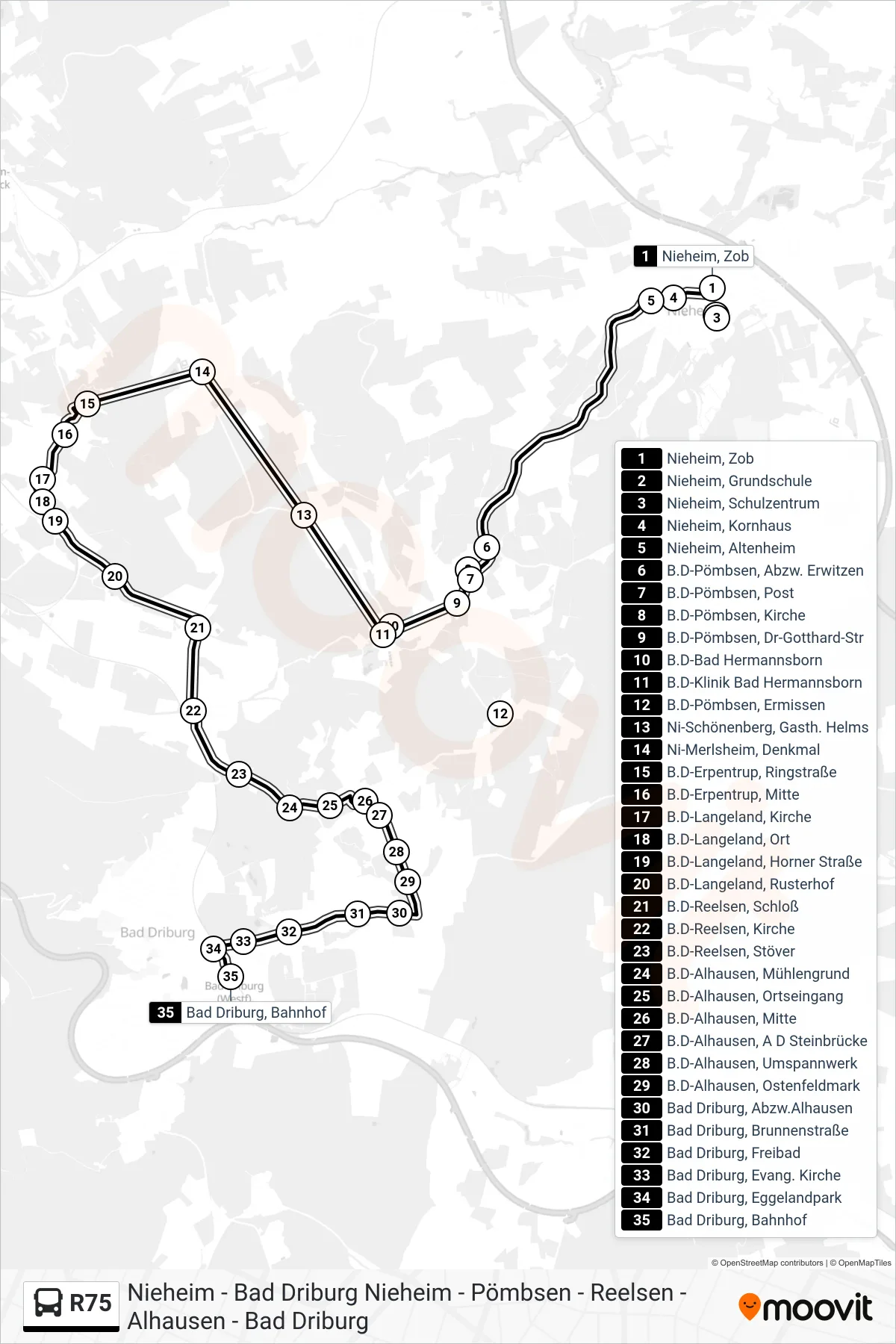 R75 bus Line (Bad Driburg, Bahnhof) route and stops on a map