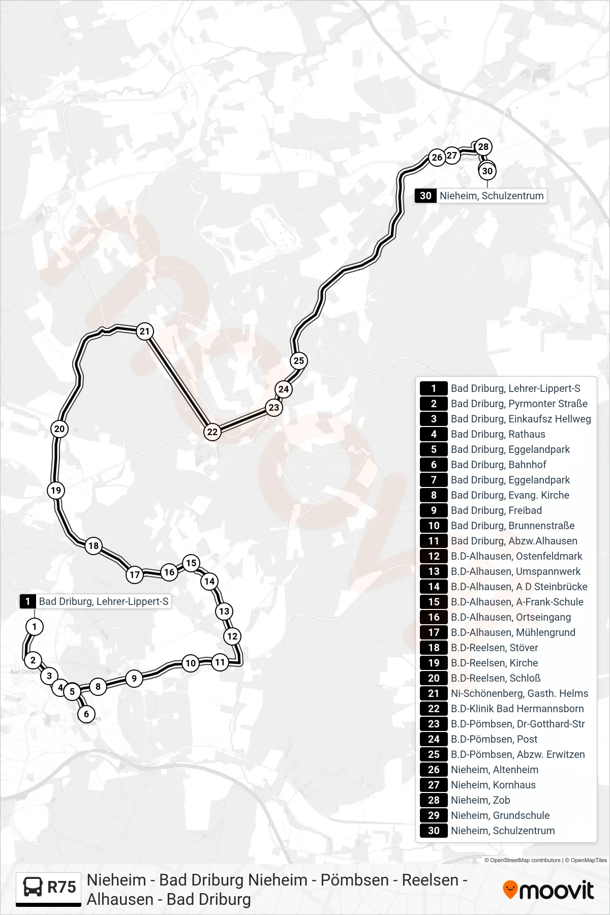 R75 bus Line (Nieheim, Schulzentrum) route and stops on a map