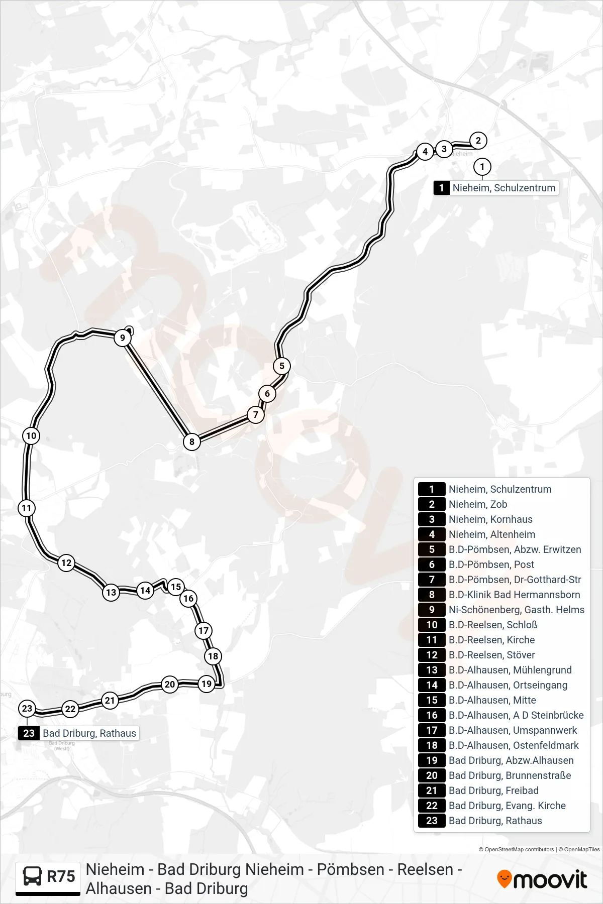 R75 bus Line (Bad Driburg, Rathaus) route and stops on a map