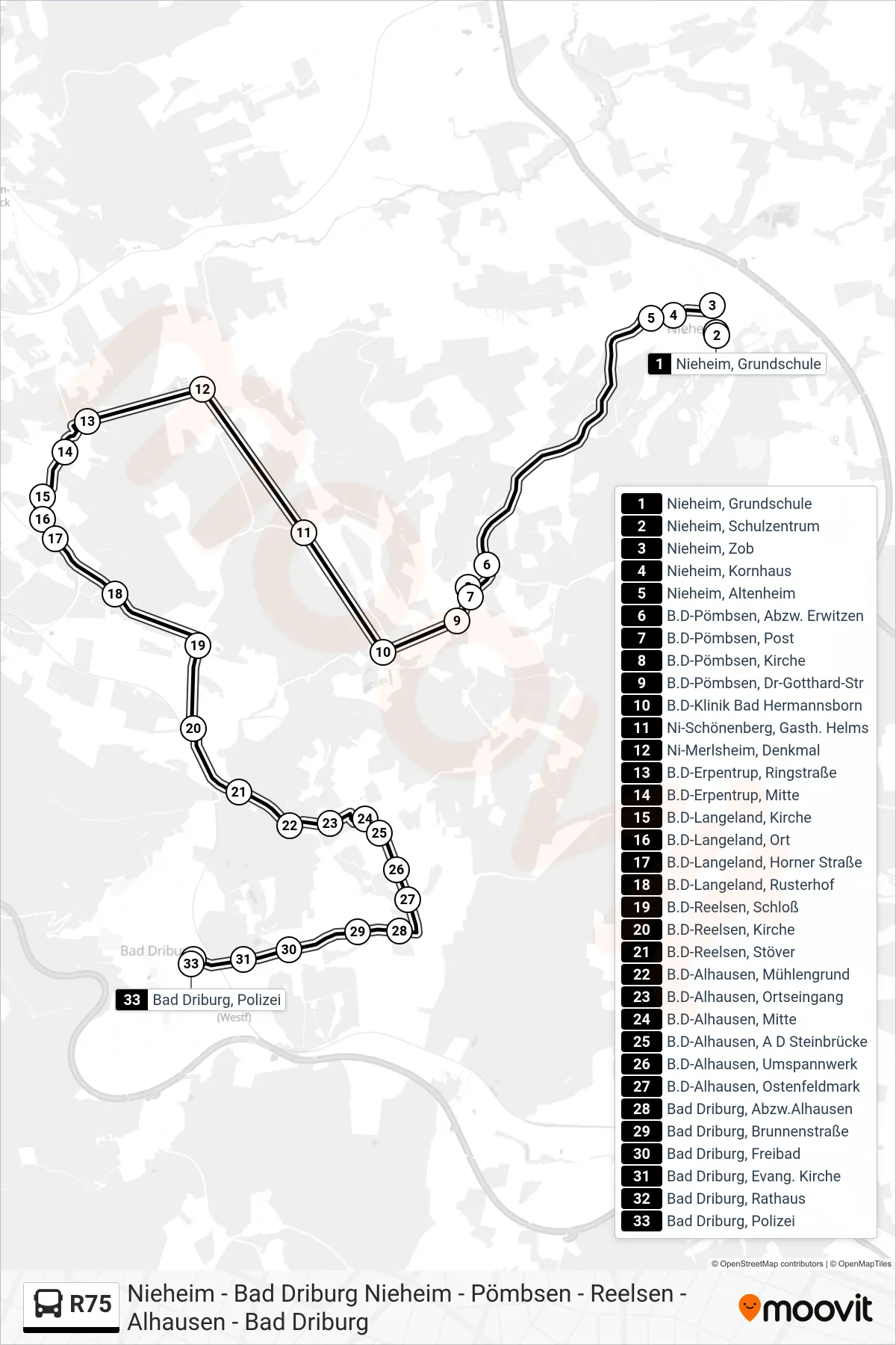 R75 bus Line (Bad Driburg, Polizei) route and stops on a map