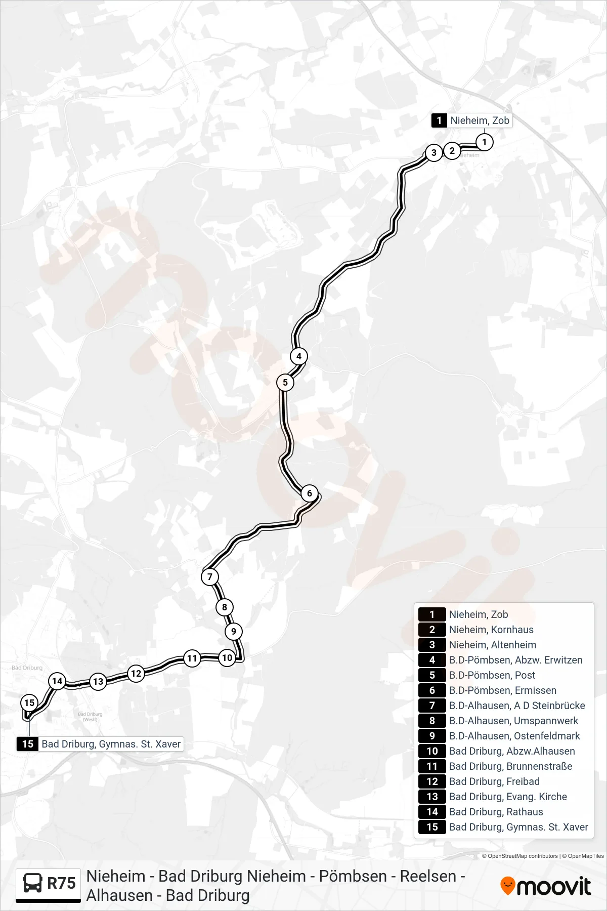 Linie R75 (Bus) Richtung Bad Driburg, Gymnas. St. Xaver: Route und Haltestellen auf der Karte