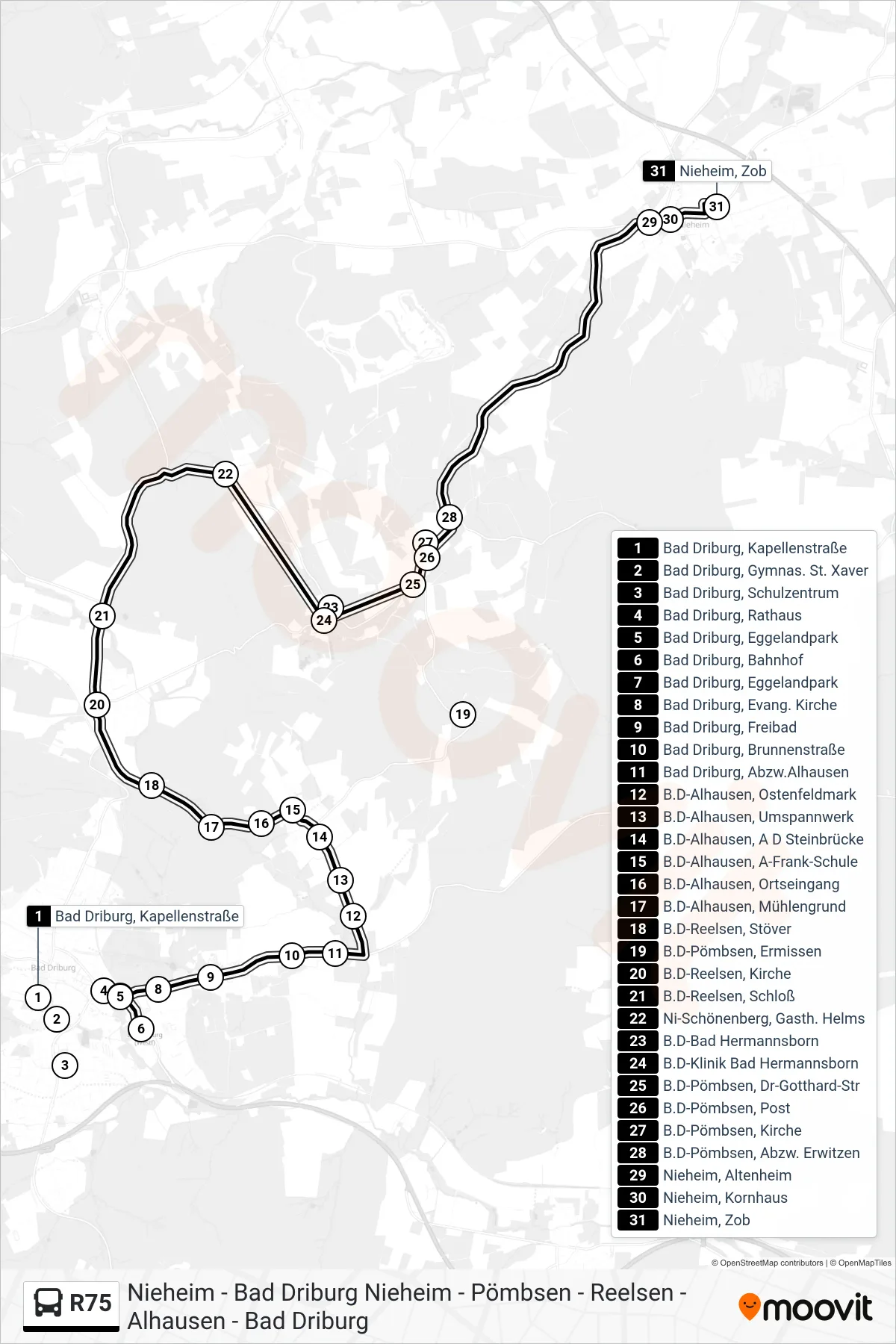 Linie R75 (Bus) Richtung Nieheim, Zob: Route und Haltestellen auf der Karte
