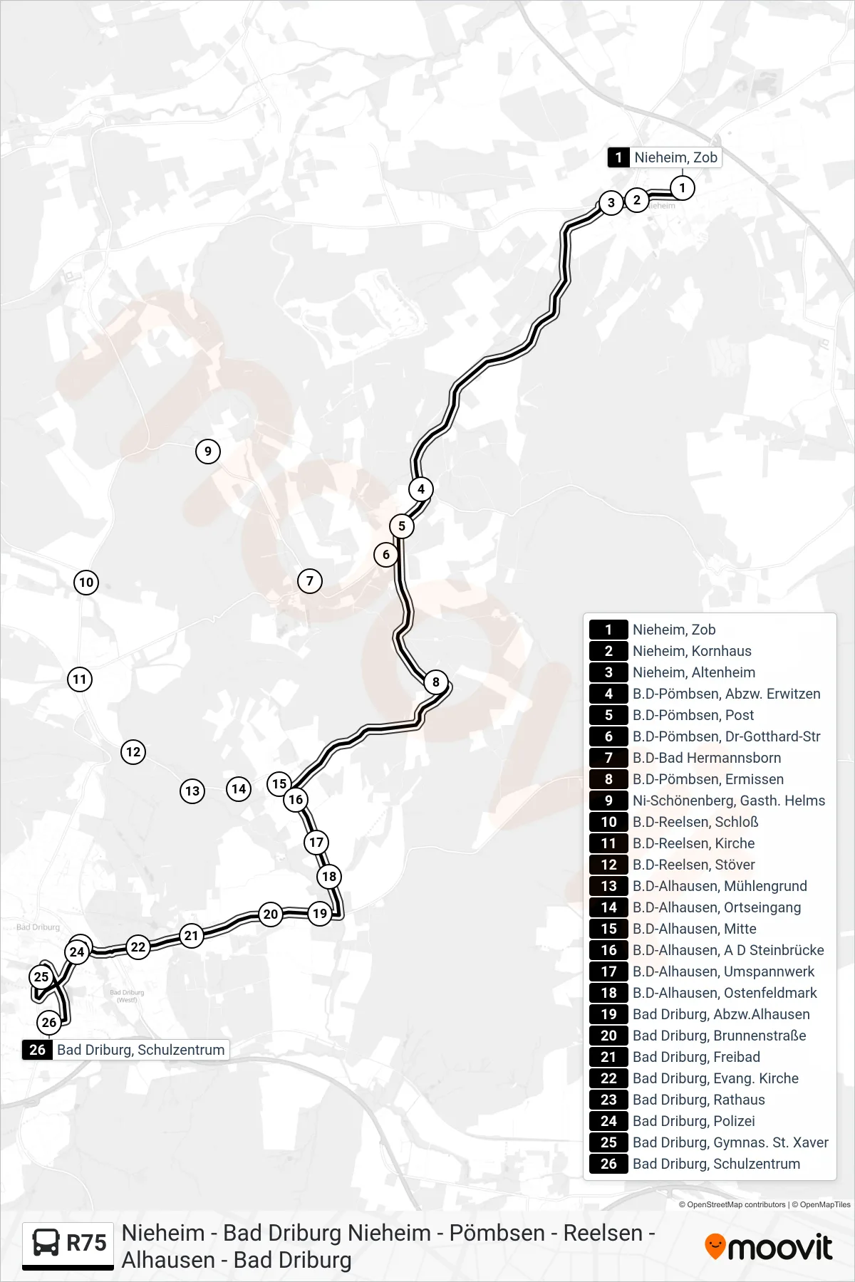 Linie R75 (Bus) Richtung Bad Driburg, Schulzentrum: Route und Haltestellen auf der Karte