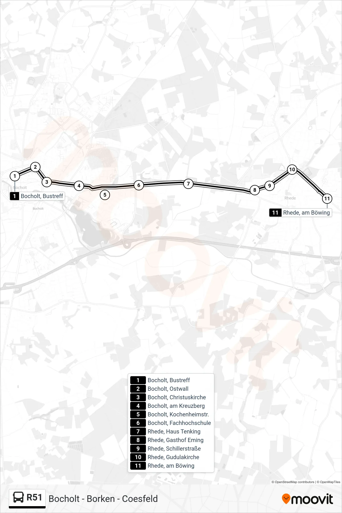 R51 tram Line (Üb. Gudulakirche) route and stops on a map