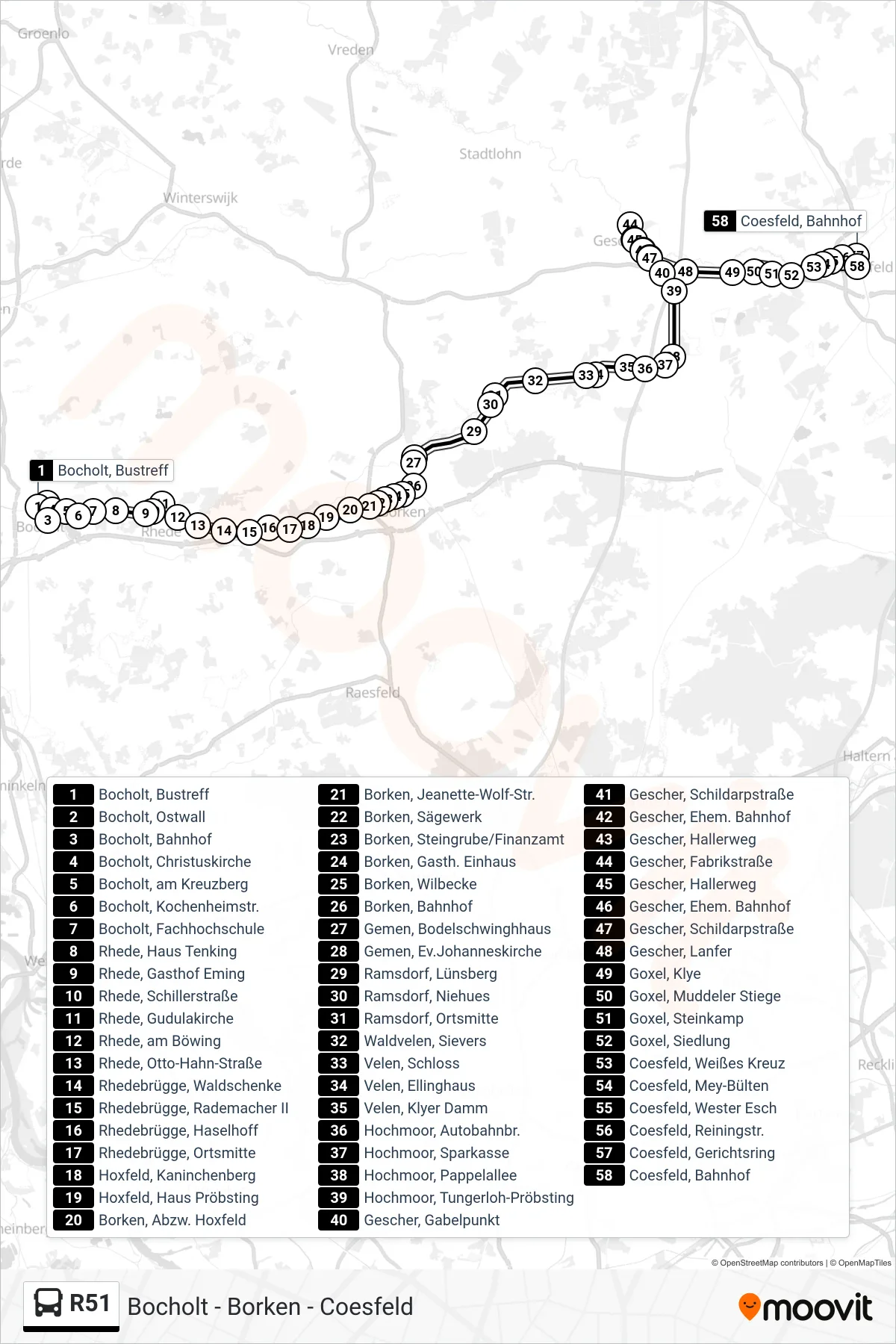 R51 tram Line (Coesfeld, Bahnhof Bussteig B) route and stops on a map