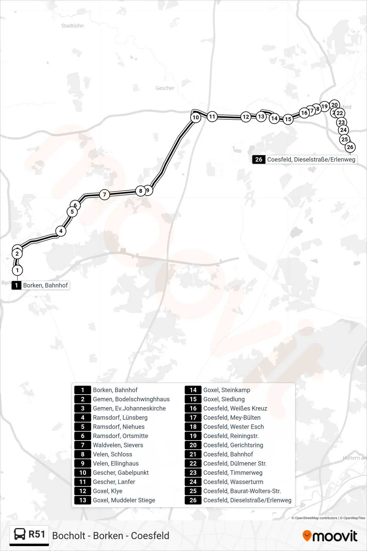 R51 tram Line (Coesfeld, Dieselstraße/Erlenweg) route and stops on a map