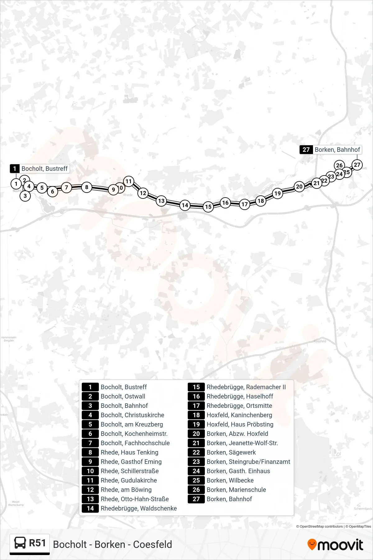 R51 tram Line (Borken, Bahnhof Bstg 1) route and stops on a map