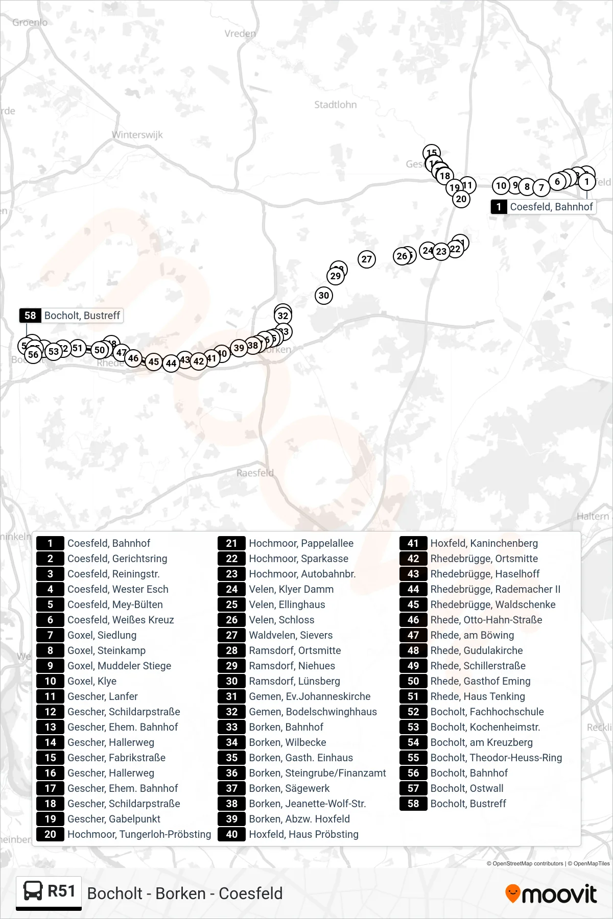 R51 tram Line (Bocholt, Bustreff/Zoh Bstg B1) route and stops on a map