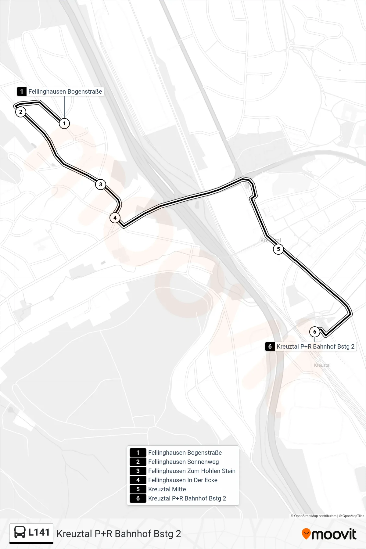 L141 bus Line (Kreuztal P+R Bahnhof Bstg 2) route and stops on a map