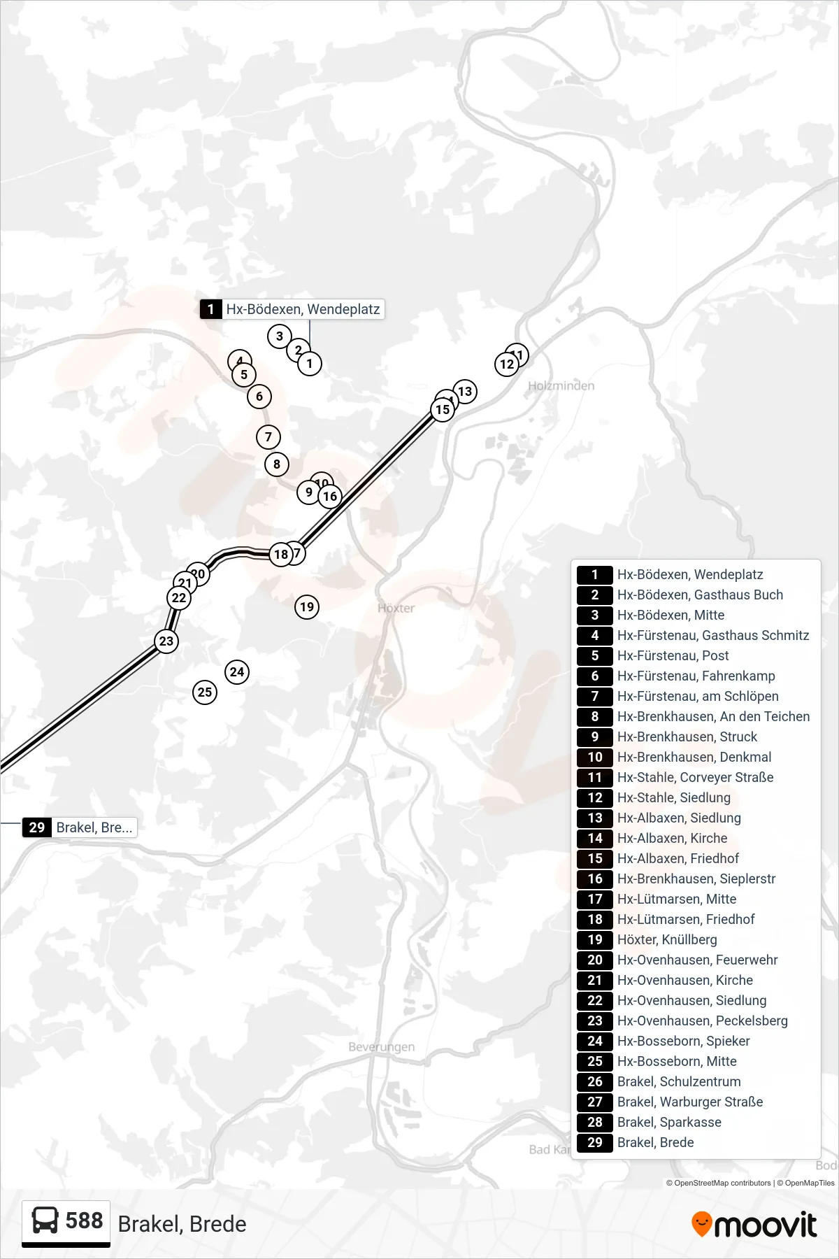 588 bus Line (Brakel, Brede) route and stops on a map