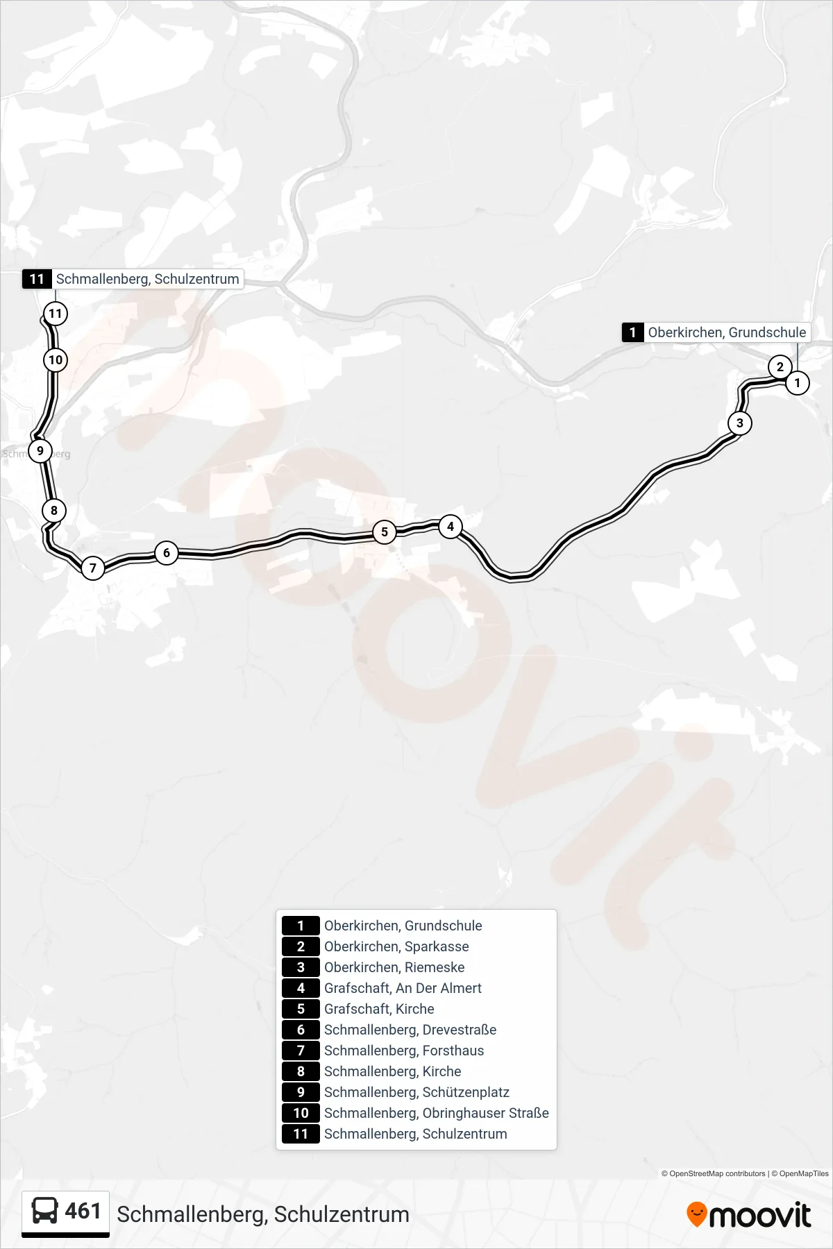 461 bus Line (Schmallenberg, Schulzentrum) route and stops on a map