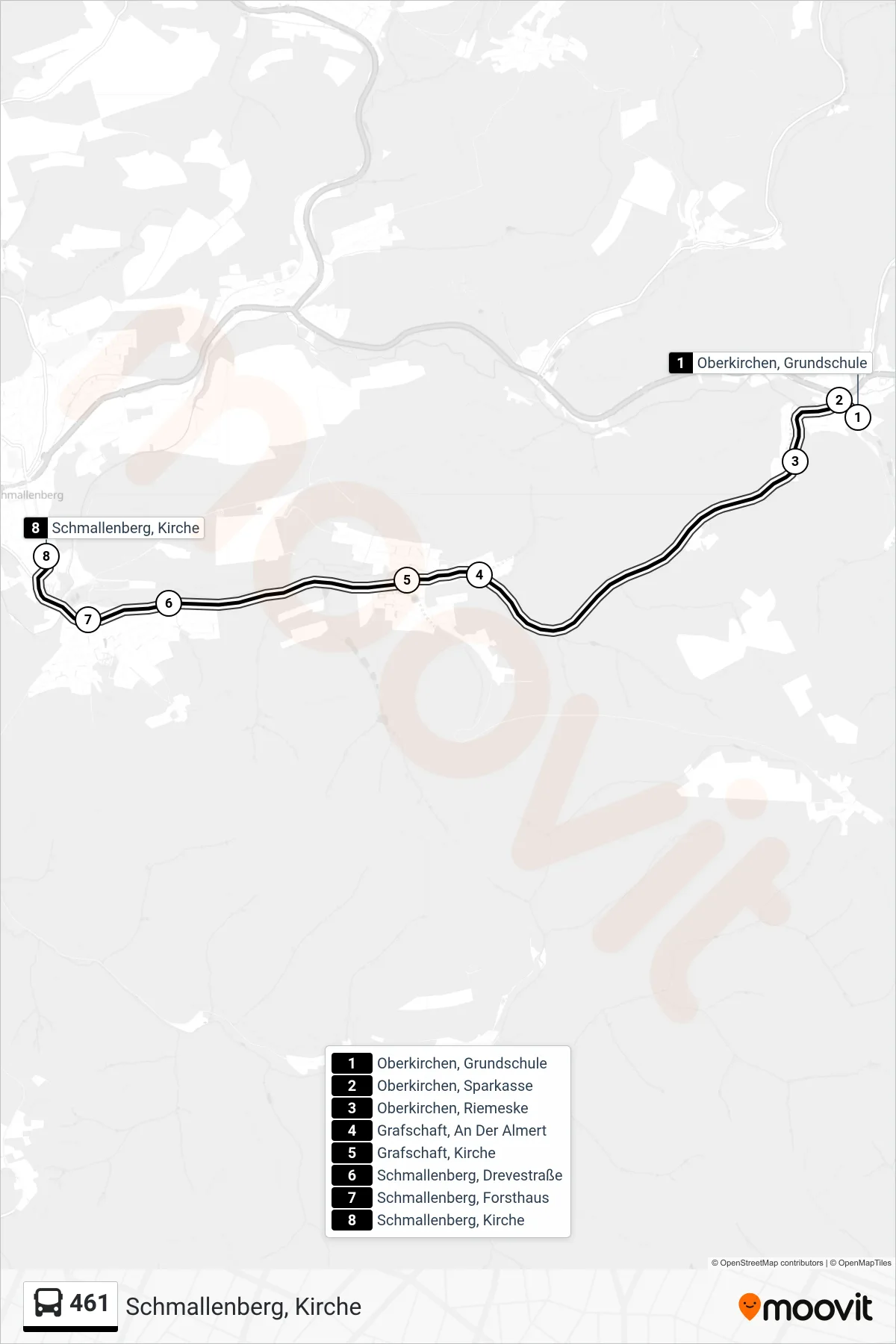 461 bus Line (Schmallenberg, Kirche) route and stops on a map