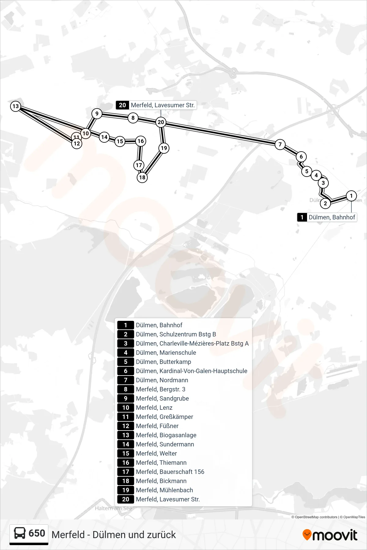650 bus Line (Merfeld, Lavesumer Str.) route and stops on a map