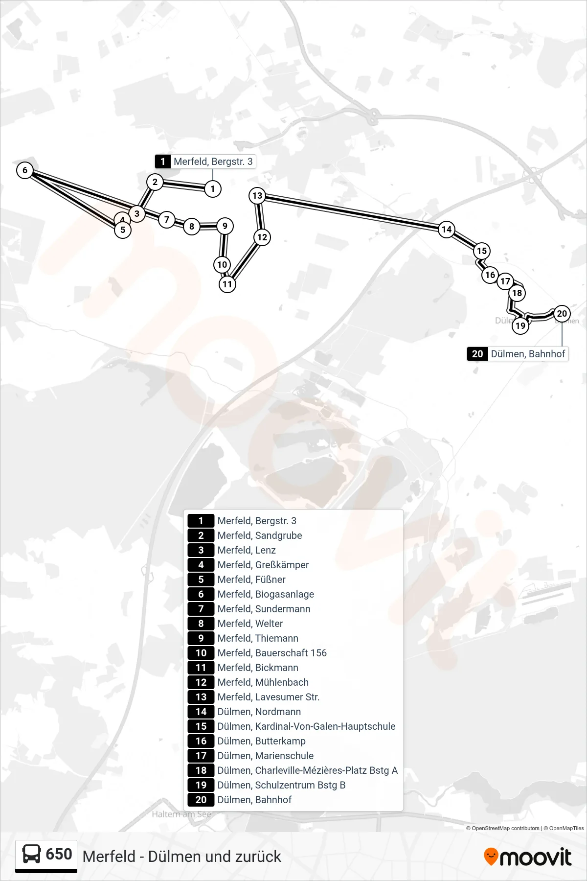 Linie 650 (Bus) Richtung Dülmen, Bahnhof: Route und Haltestellen auf der Karte