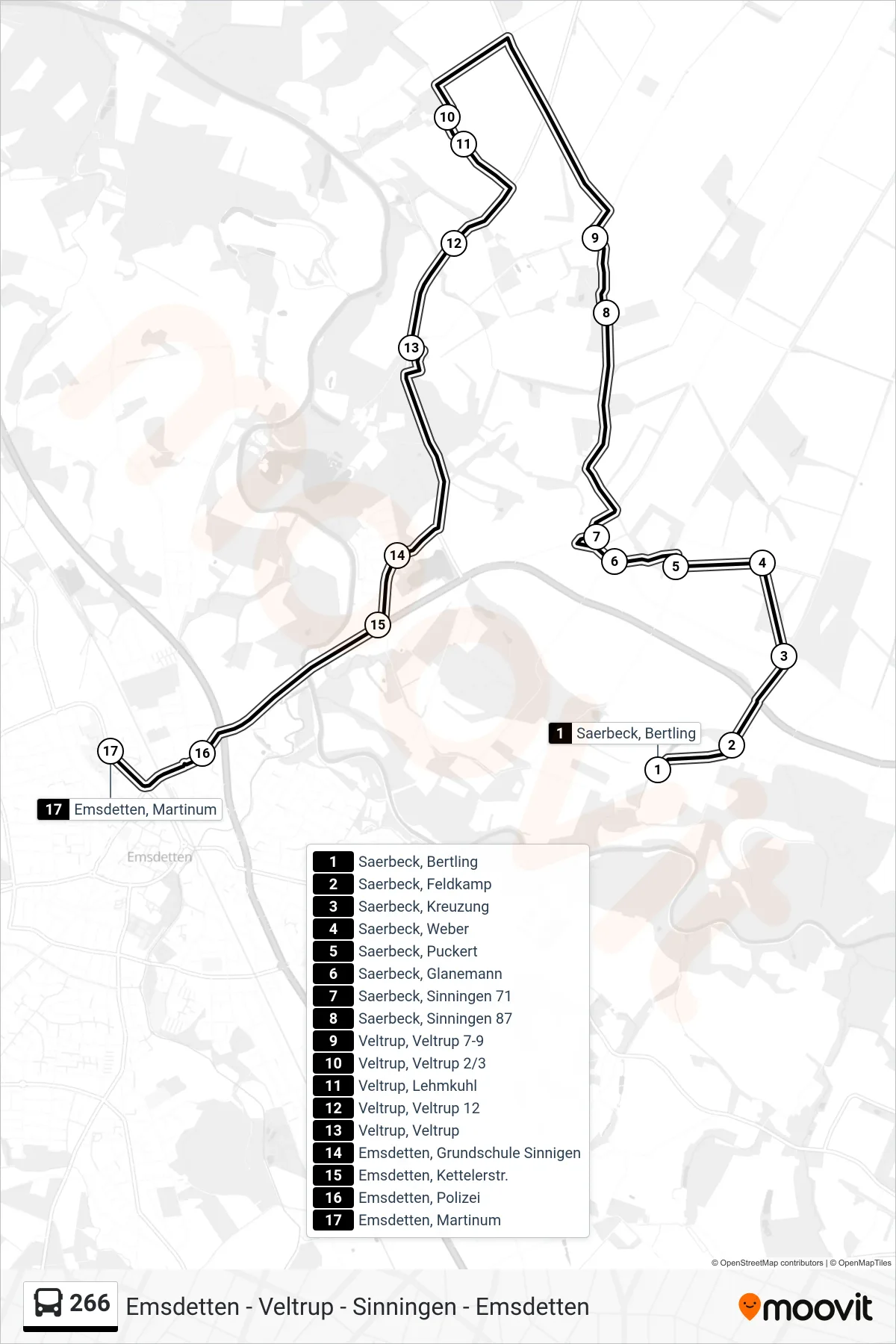 266 bus Line (Emsdetten, Martinum) route and stops on a map