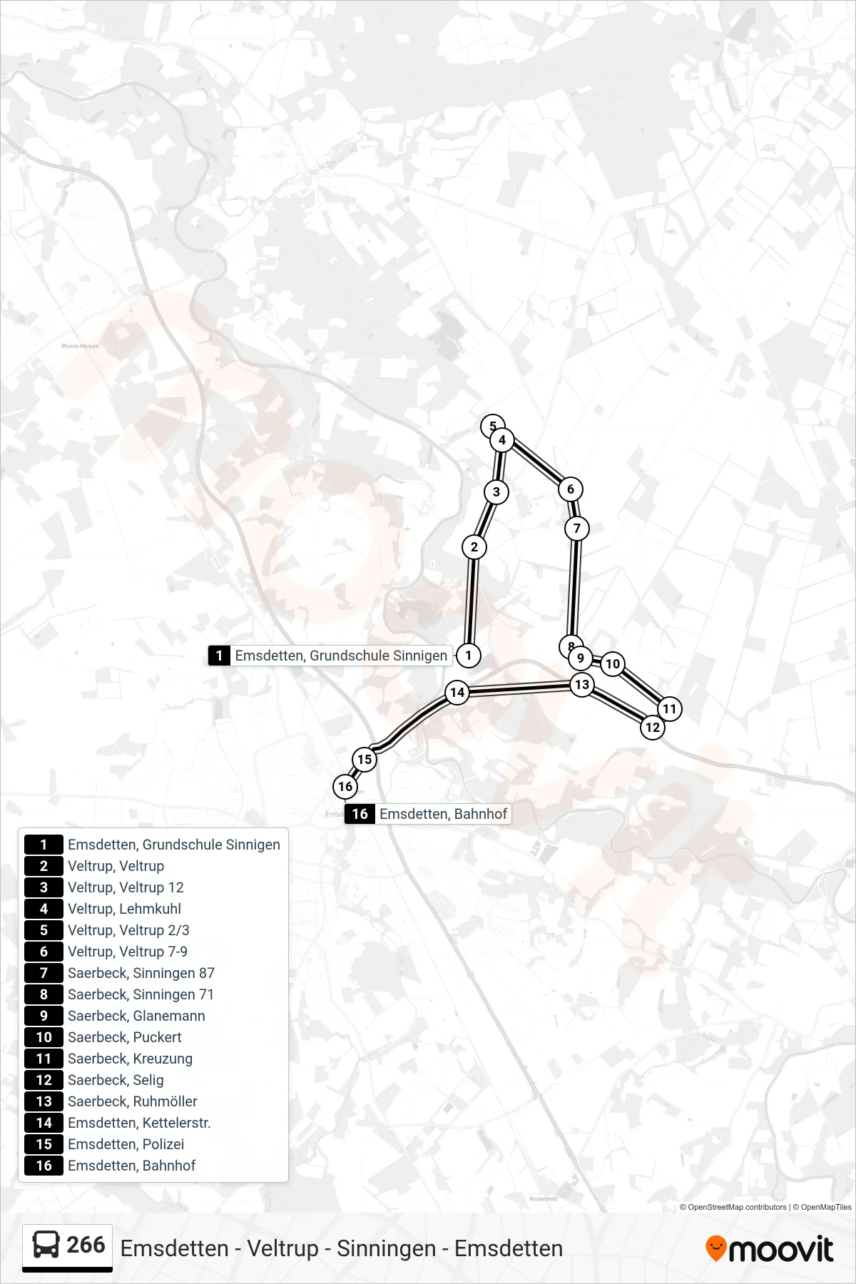 266 bus Line (Emsdetten, Bahnhof) route and stops on a map