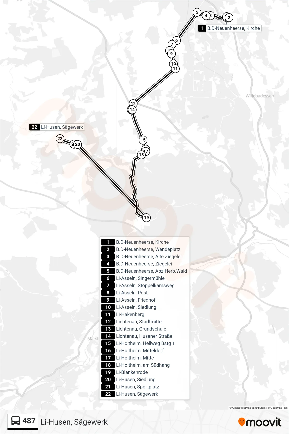 487 bus Line (Li-Husen, Sägewerk) route and stops on a map