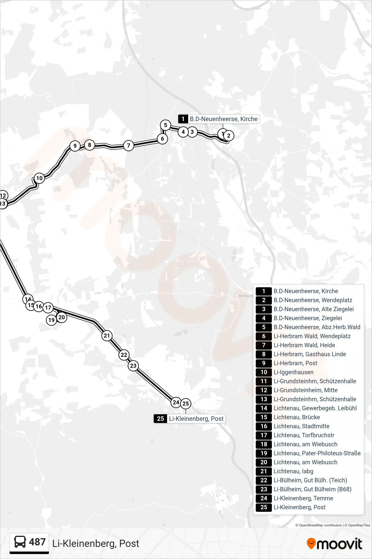 487 bus Line (Li-Kleinenberg, Post) route and stops on a map