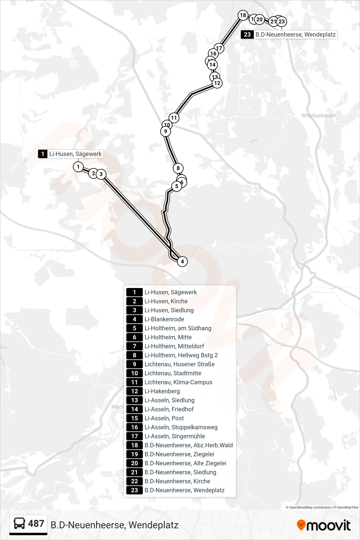 487 bus Line (B.D-Neuenheerse, Wendeplatz) route and stops on a map