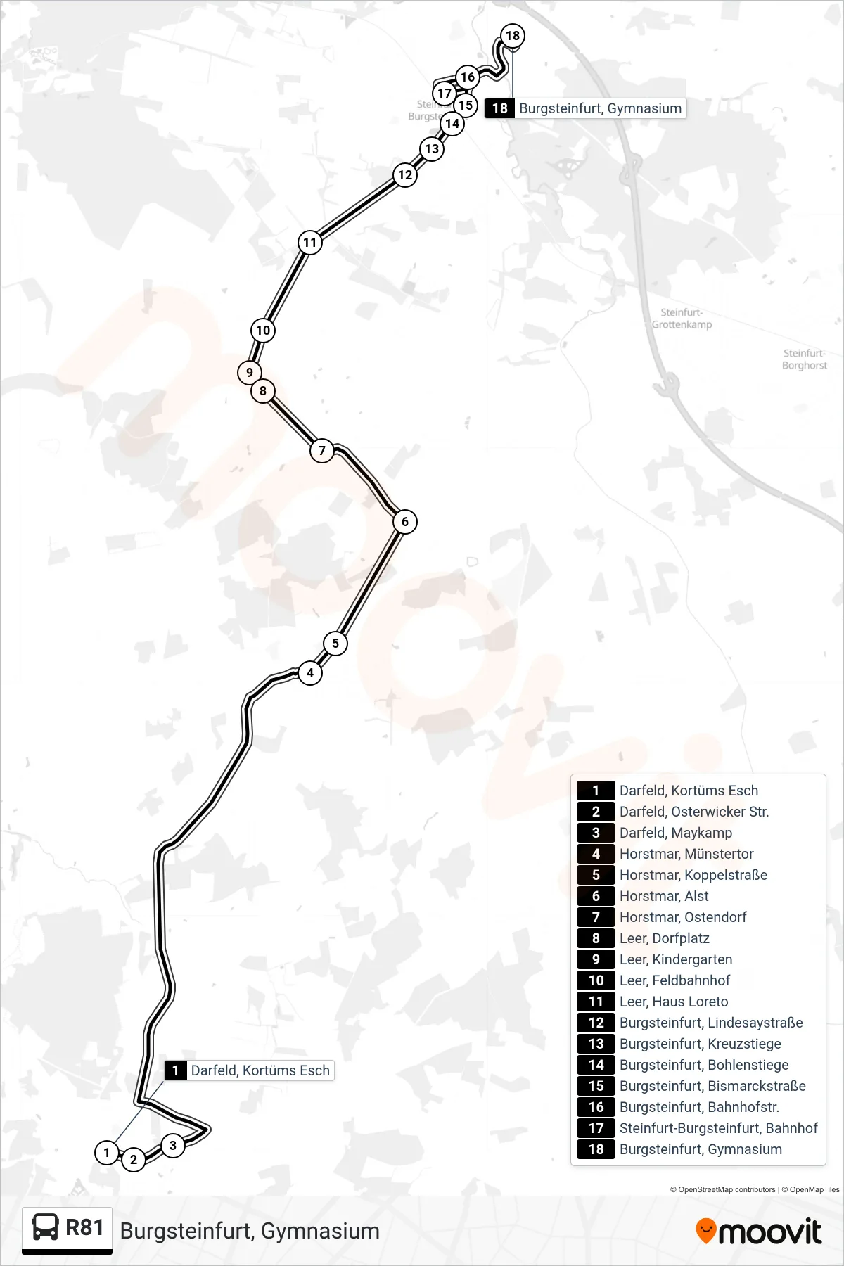 R81 bus Line (Burgsteinfurt, Gymnasium) route and stops on a map