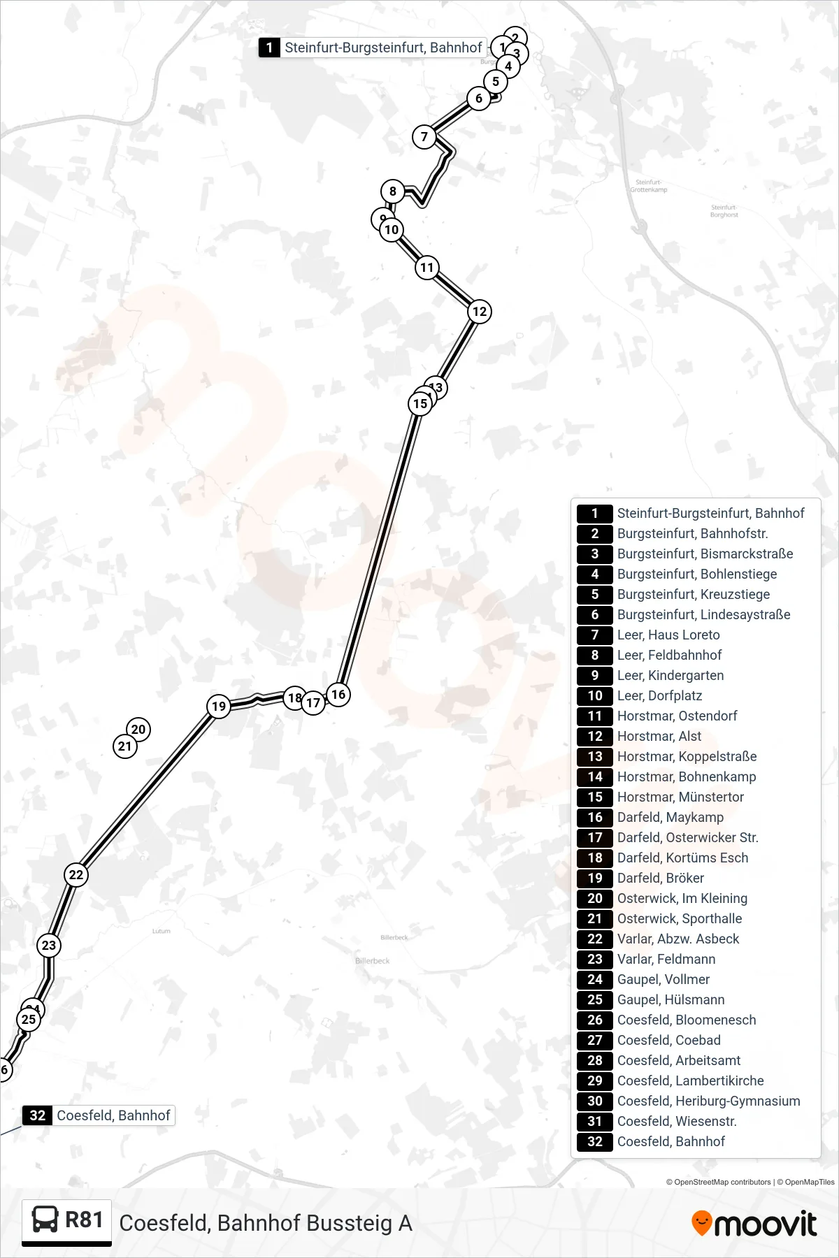 R81 bus Line (Coesfeld, Bahnhof Bussteig A) route and stops on a map
