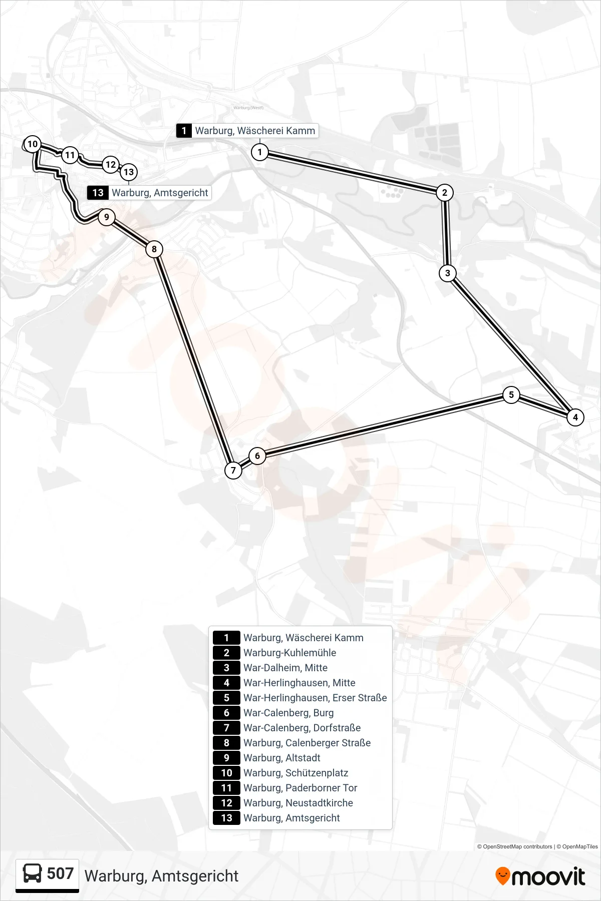 507 bus Line (Warburg, Amtsgericht) route and stops on a map