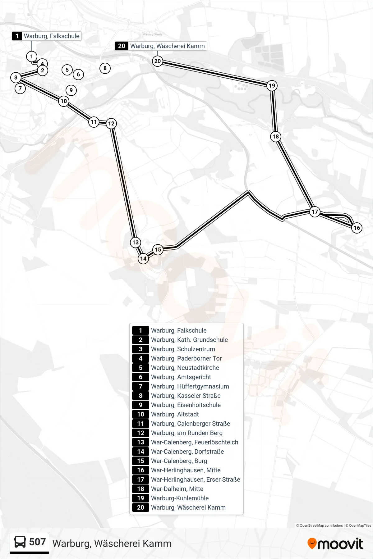 507 bus Line (Warburg, Wäscherei Kamm) route and stops on a map