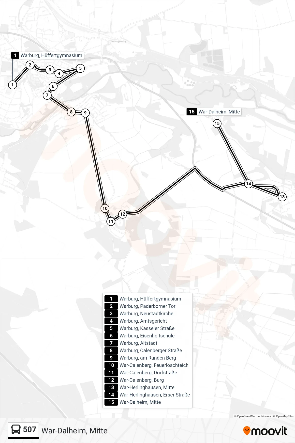507 bus Line (War-Dalheim, Mitte) route and stops on a map