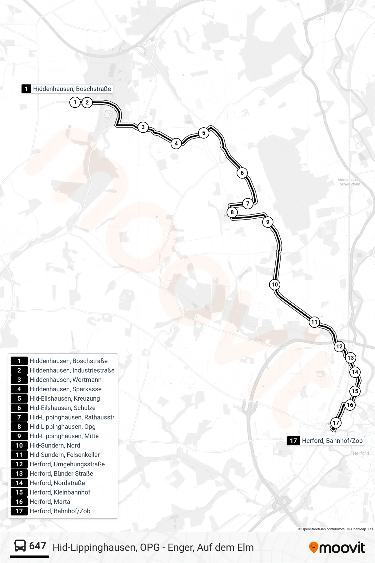Linie 647 (Bus) Richtung Herford, Bahnhof/Zob B1: Route und Haltestellen auf der Karte