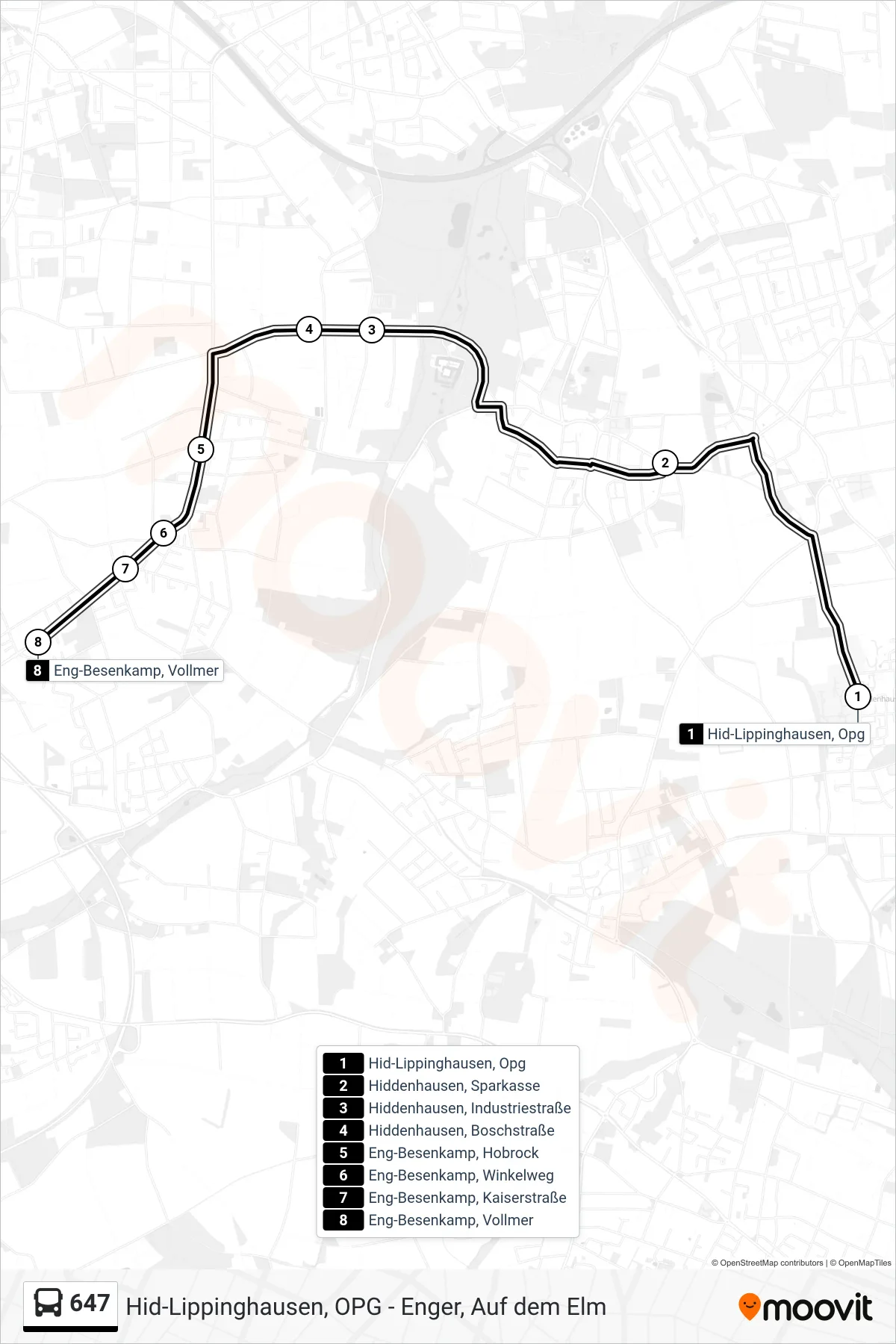 647 bus Line (Eng-Besenkamp, Vollmer) route and stops on a map