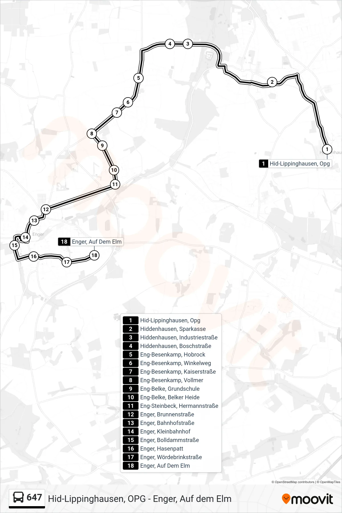 647 bus Line (Enger, Auf Dem Elm) route and stops on a map