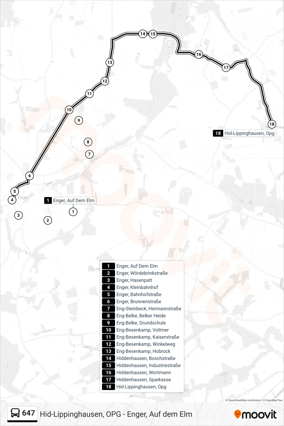 647 bus Line (Hid-Lippinghausen, Opg) route and stops on a map