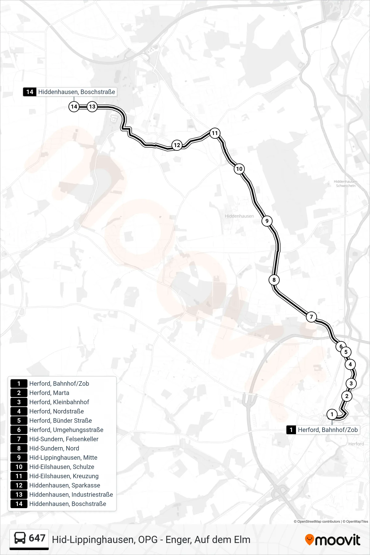 647 bus Line (Hiddenhausen, Boschstraße) route and stops on a map