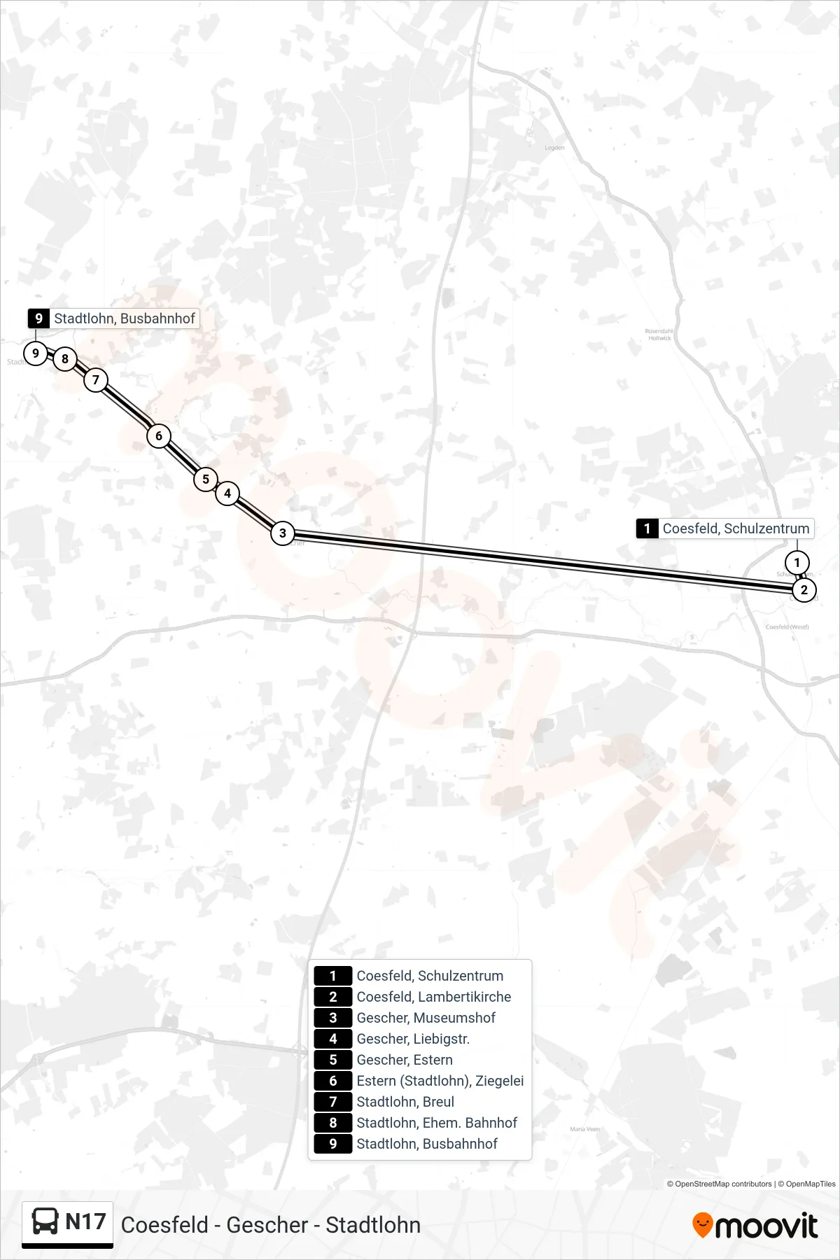 N17 bus Line (Stadtlohn, Busbahnhof Bstg A1) route and stops on a map