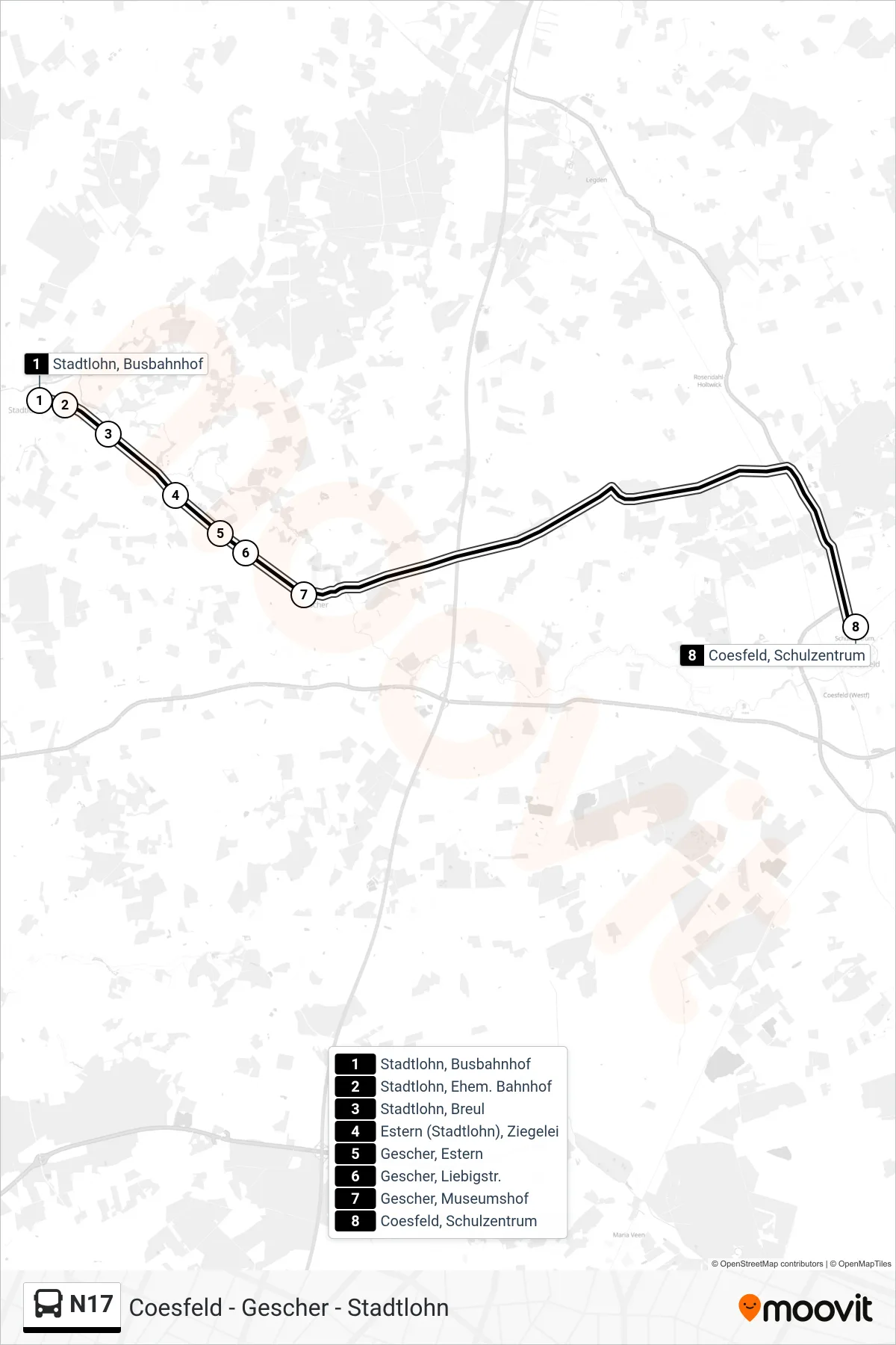 Linie N17 (Bus) Richtung Coesfeld, Schulzentrum: Route und Haltestellen auf der Karte