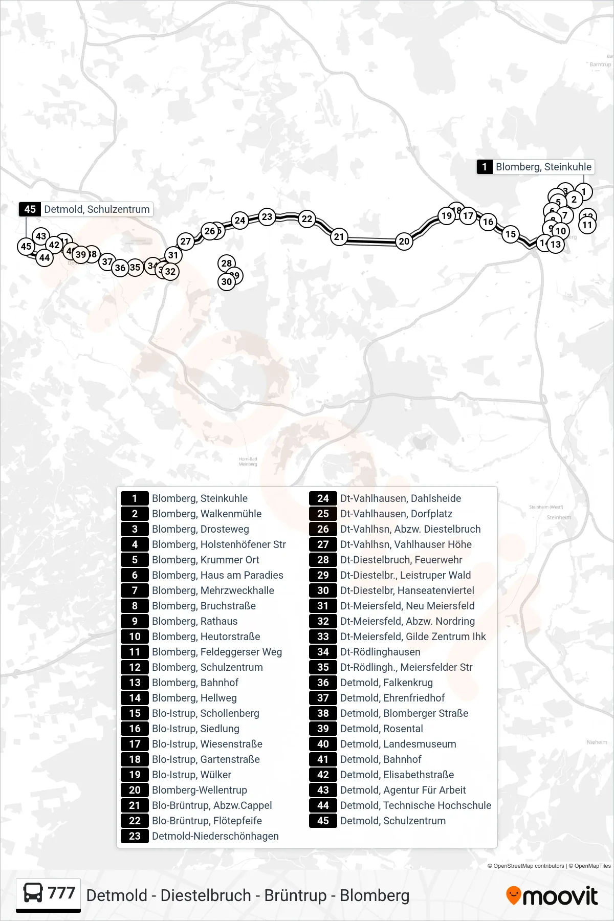 777 bus Line (Detmold) route and stops on a map