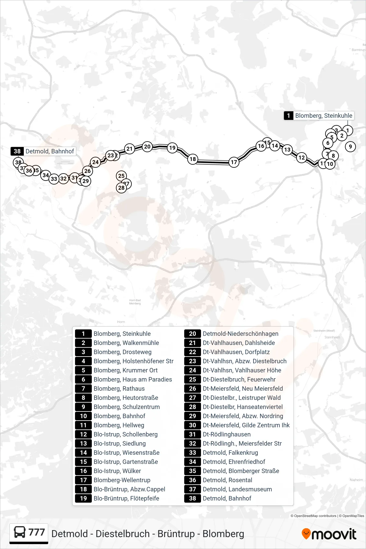 777 bus Line (Detmold, Bahnhof Steig 8) route and stops on a map