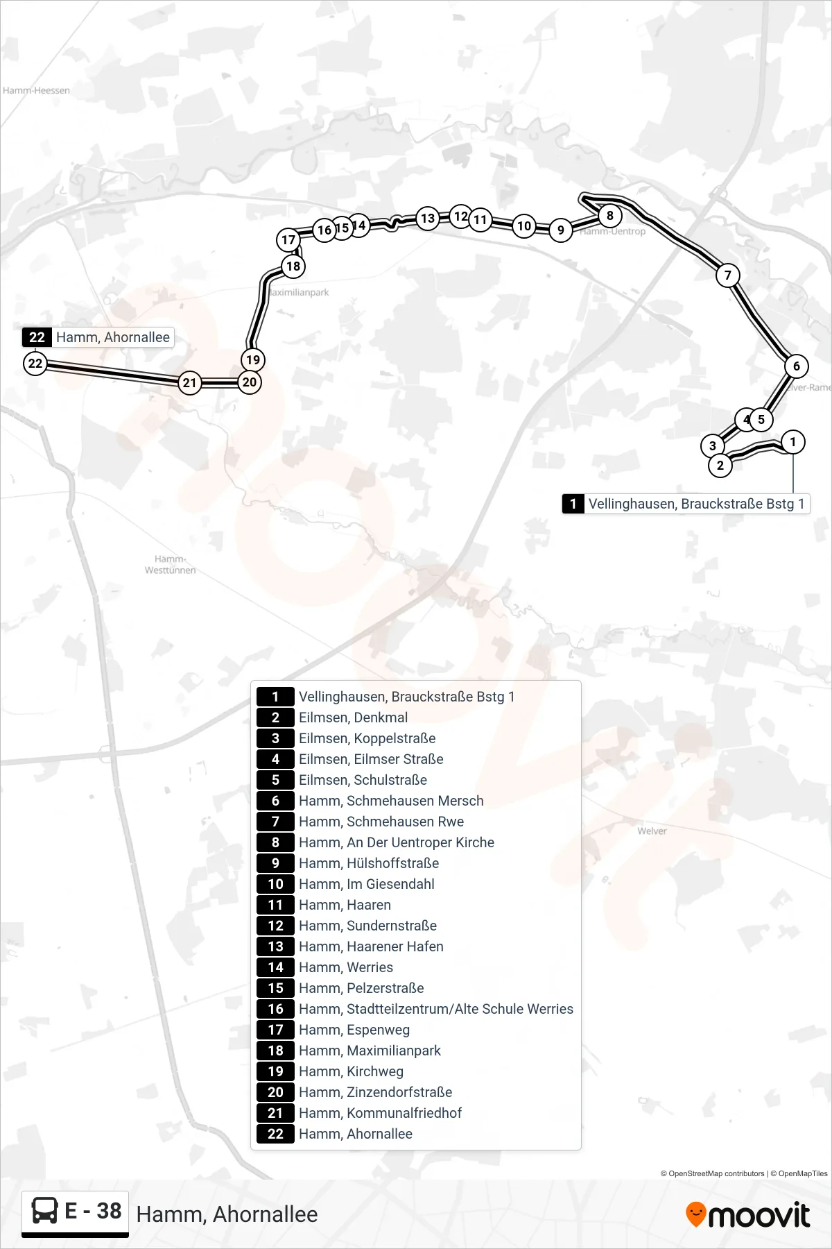 Linie E - 38 (Bus) Richtung Hamm, Ahornallee: Route und Haltestellen auf der Karte