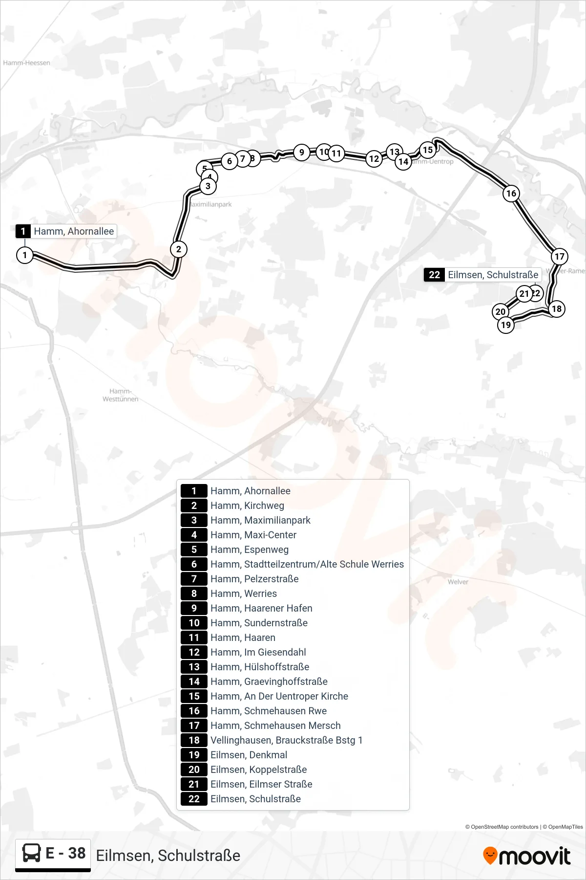 Linie E - 38 (Bus) Richtung Eilmsen, Schulstraße: Route und Haltestellen auf der Karte