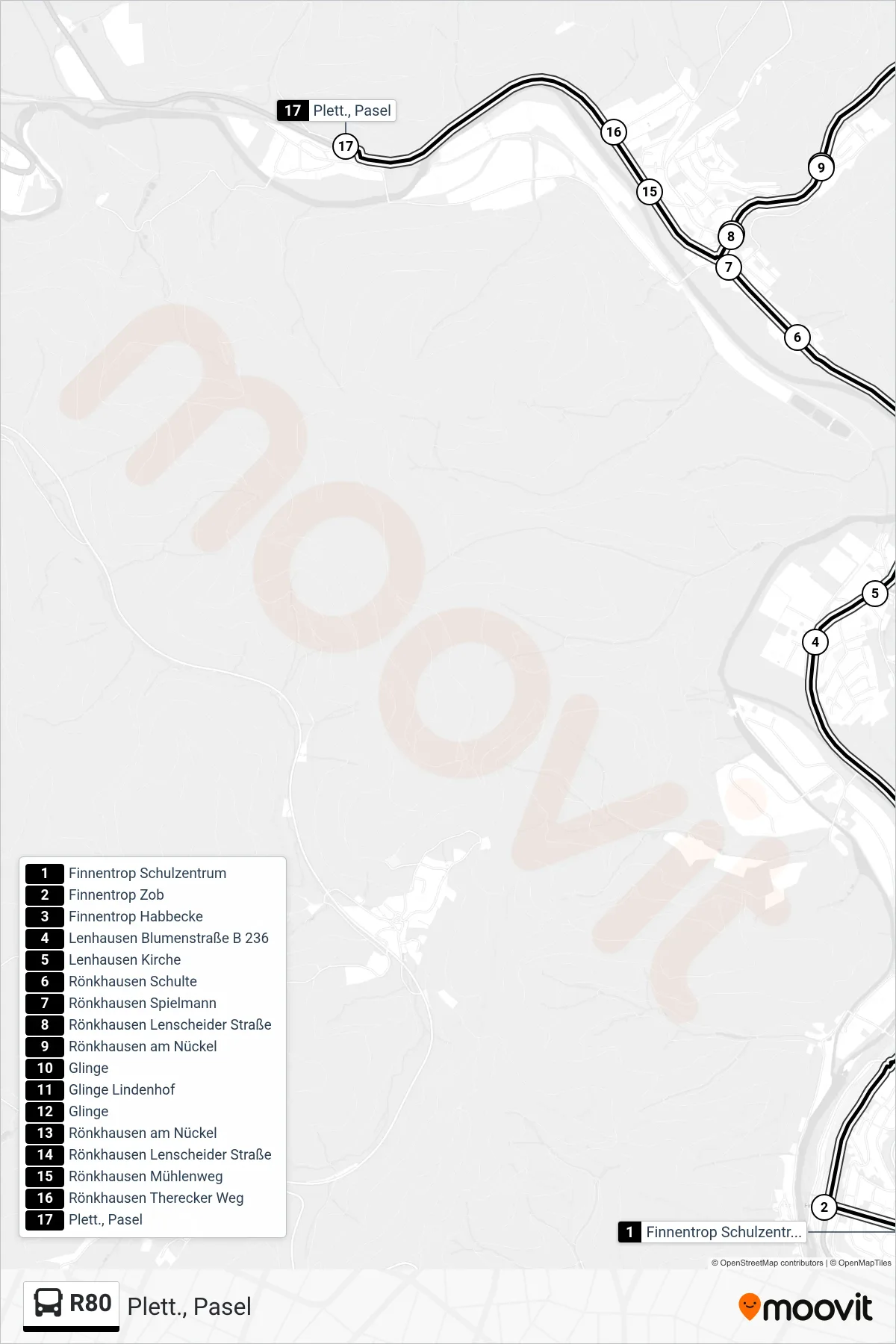 R80 bus Line (Plett., Pasel) route and stops on a map