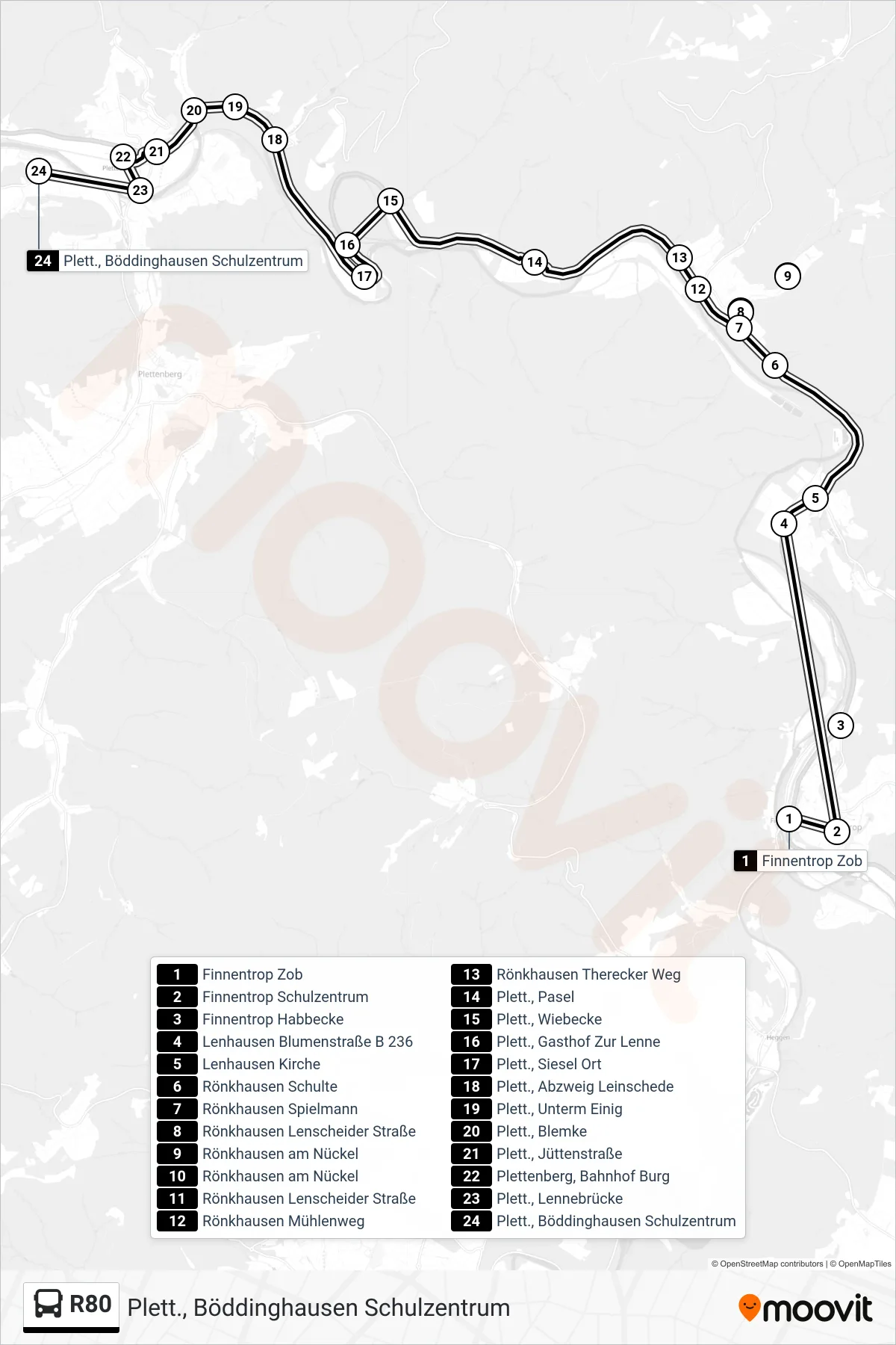 R80 bus Line (Plett., Böddinghausen Schulzentrum) route and stops on a map