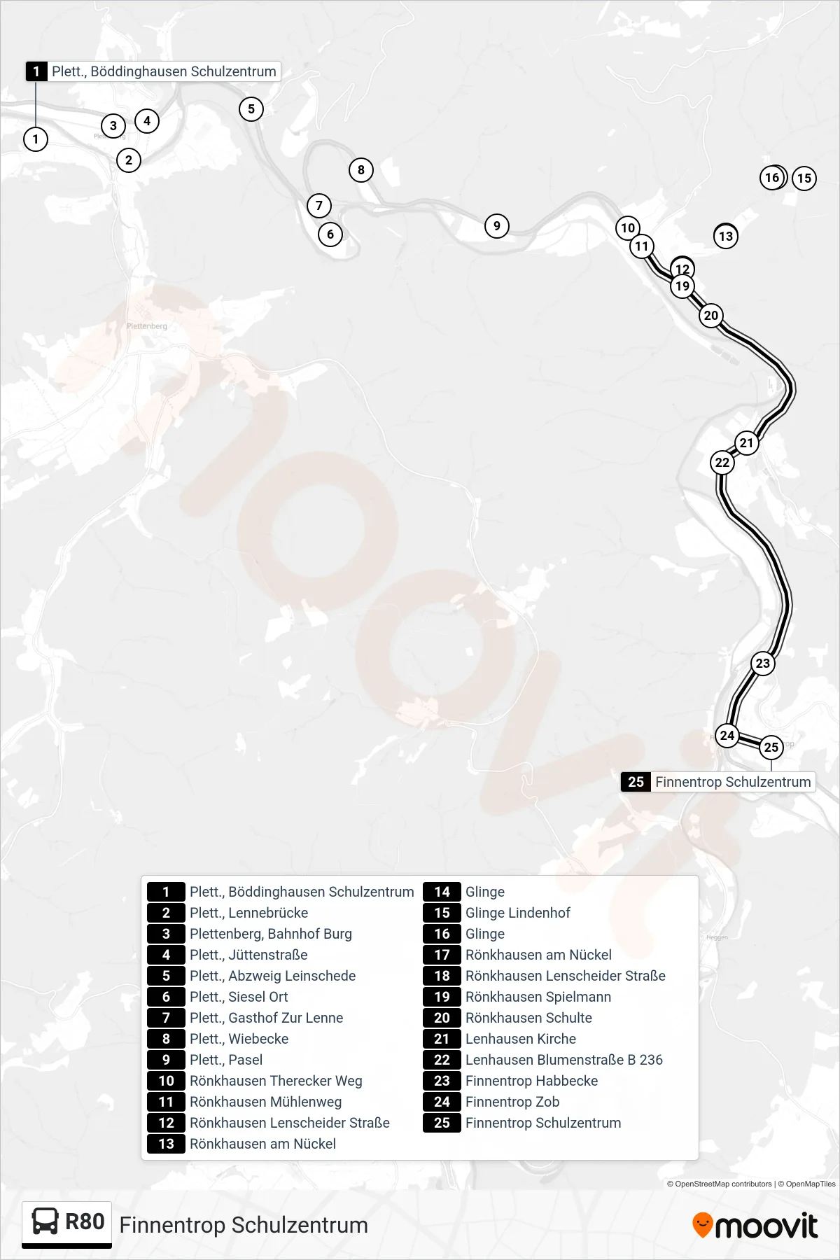 R80 bus Line (Finnentrop Schulzentrum) route and stops on a map