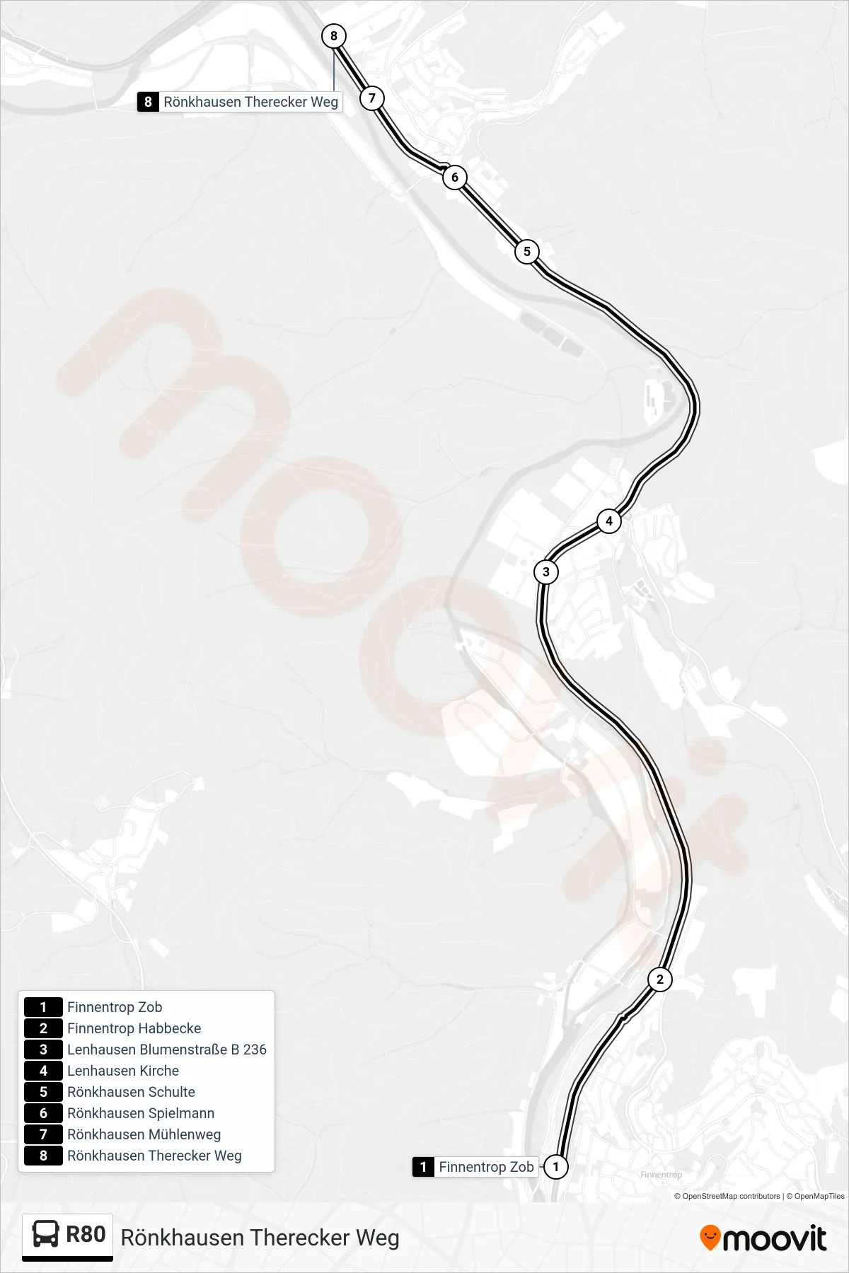 R80 bus Line (Rönkhausen Therecker Weg) route and stops on a map