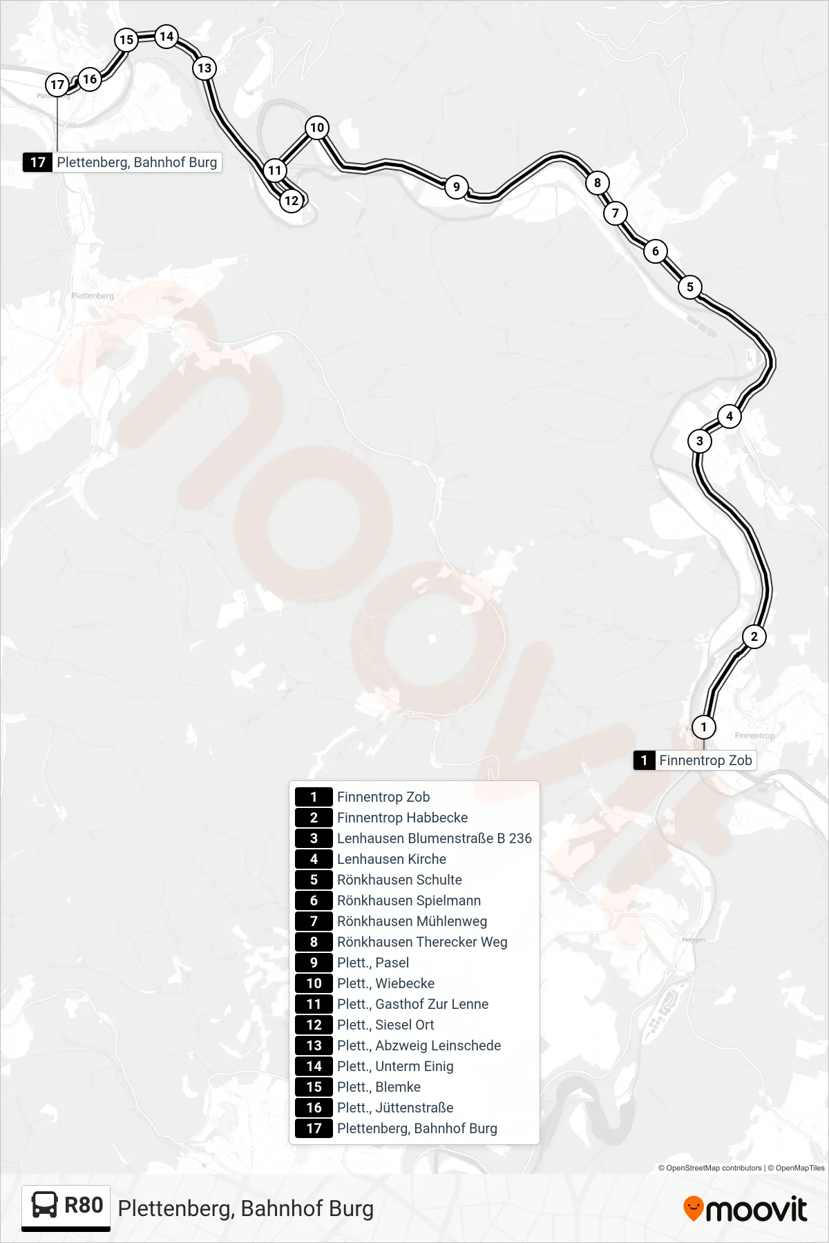 R80 bus Line (Plettenberg, Bahnhof Burg) route and stops on a map