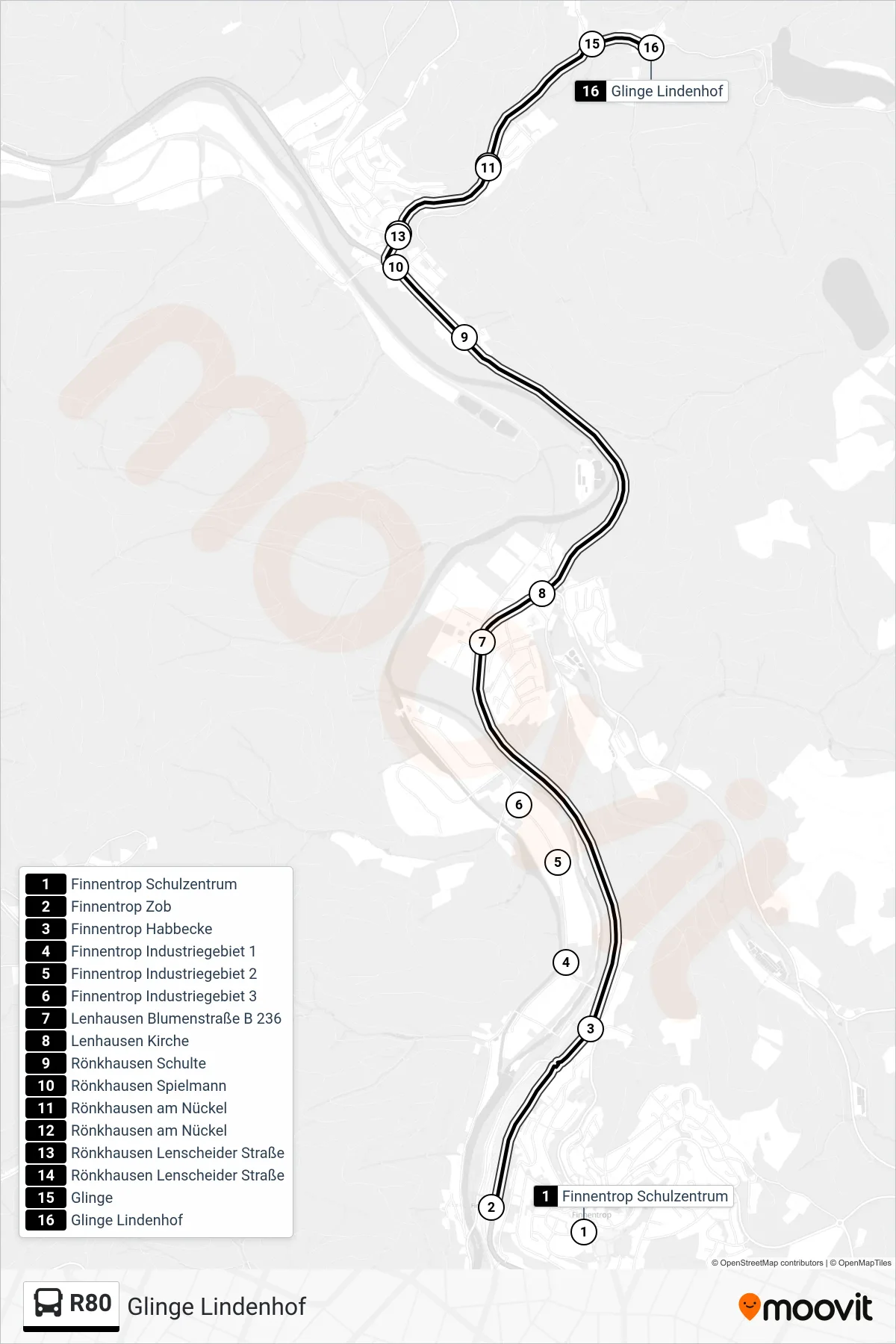 R80 bus Line (Glinge Lindenhof) route and stops on a map